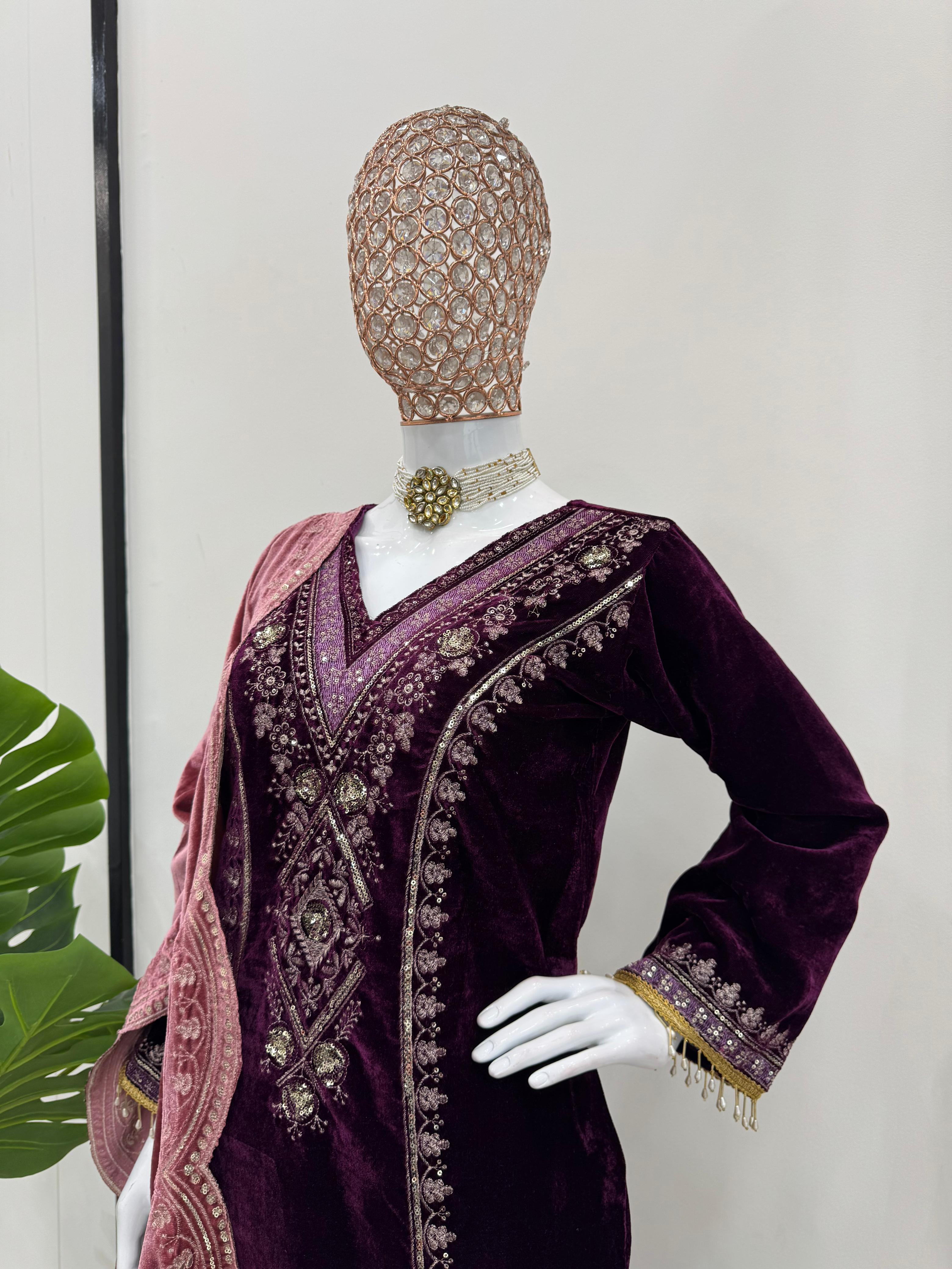 Beautiful Viscose Velvet Thread With Sequence Work Salwar Suit