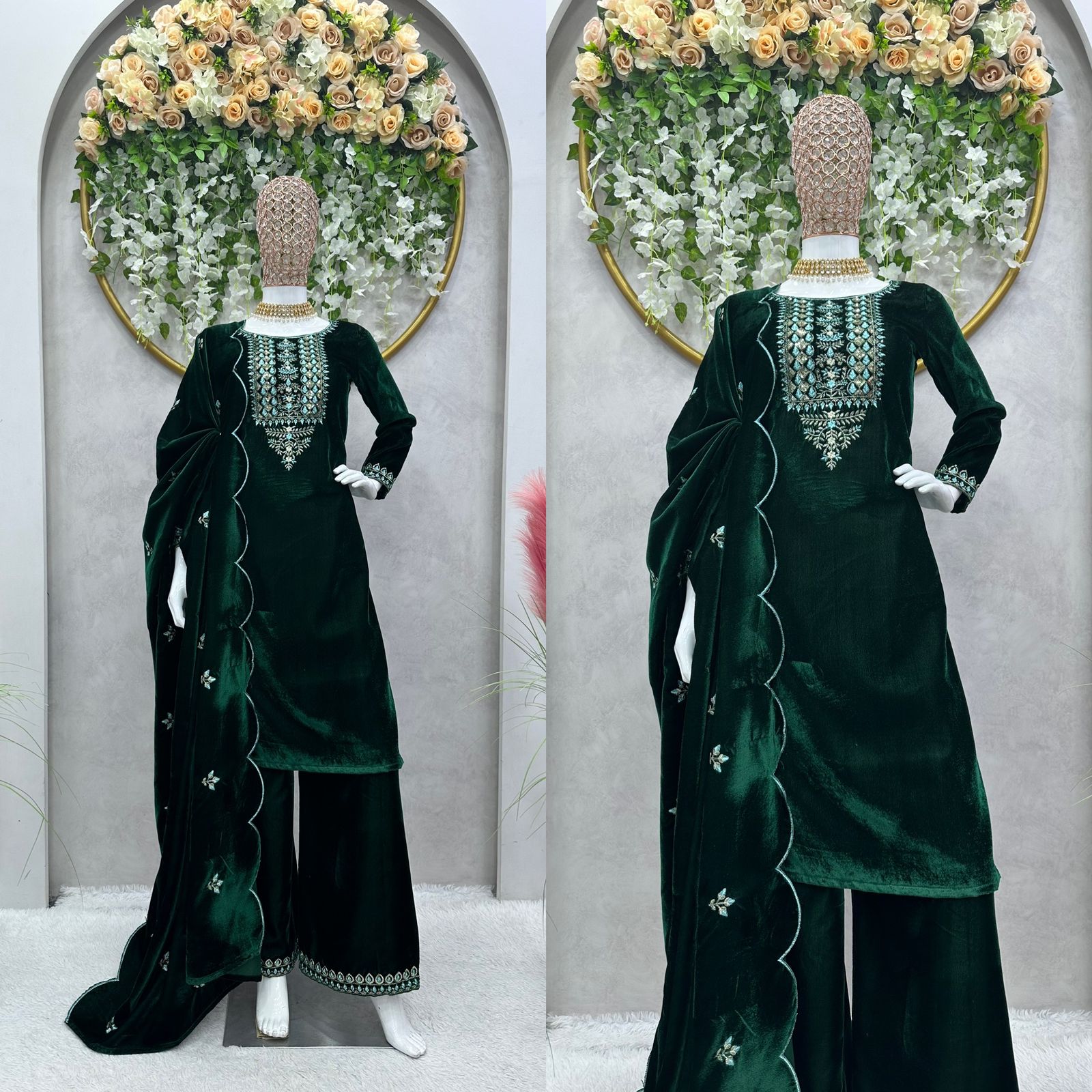 Partywear Green Velvet Thread & Sequence Work Dress