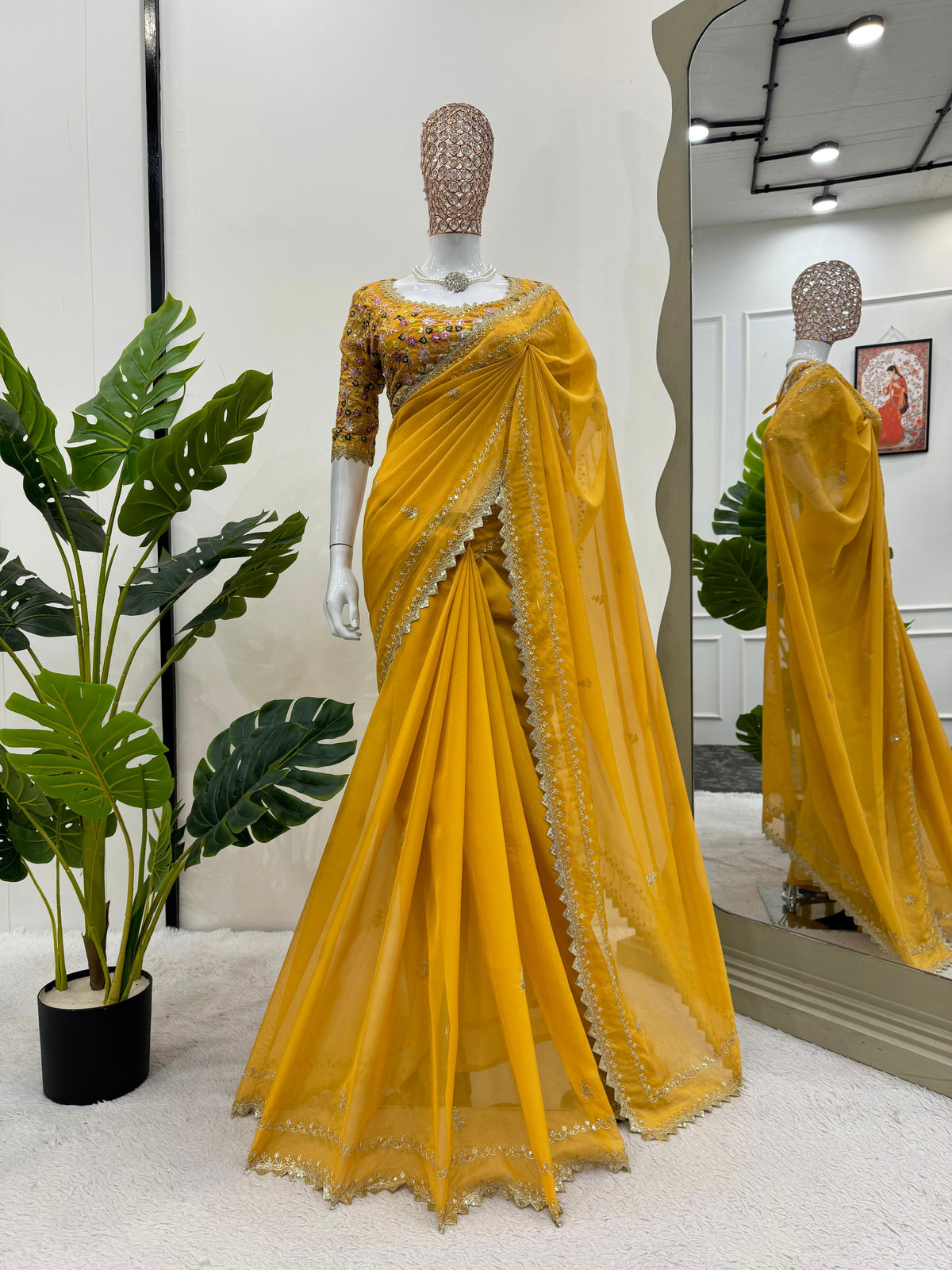 Shining Yellow Beautiful Designer Partywear Tibby Silk Saree