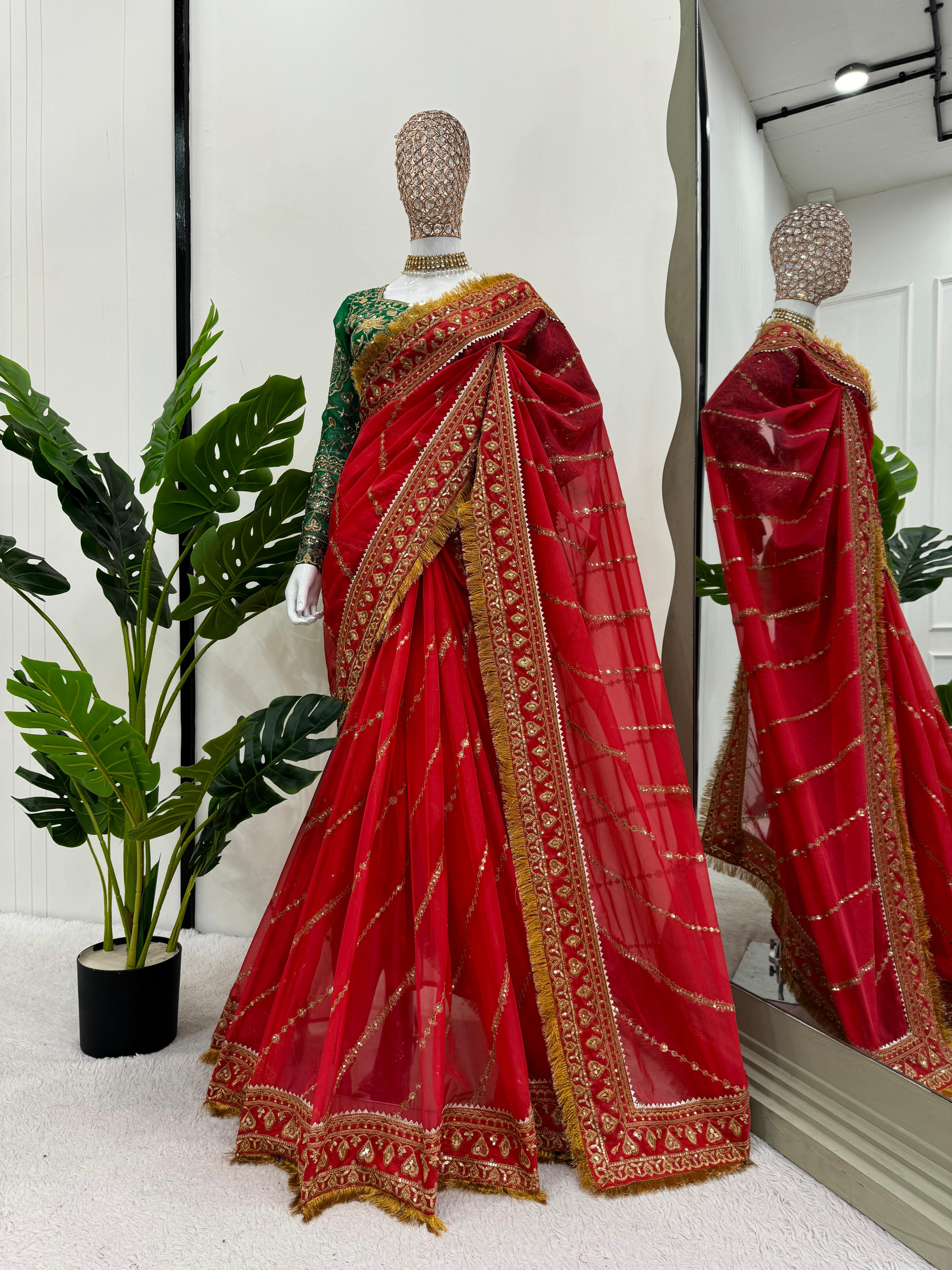 Extraordinary Red Beautiful Designer Thread & Sequence Work Organza Silk Saree