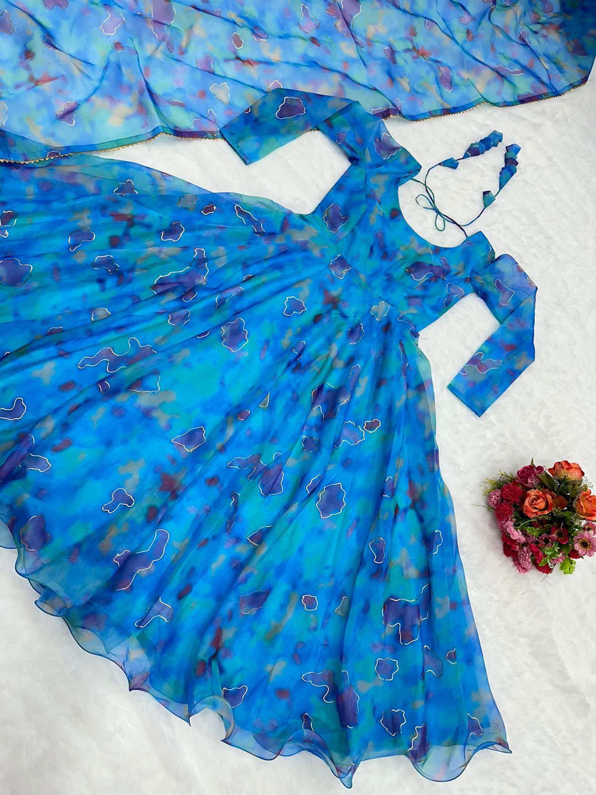 Beautiful Sky Blue Tibby Silk Digital Printed & Foil Work Gown