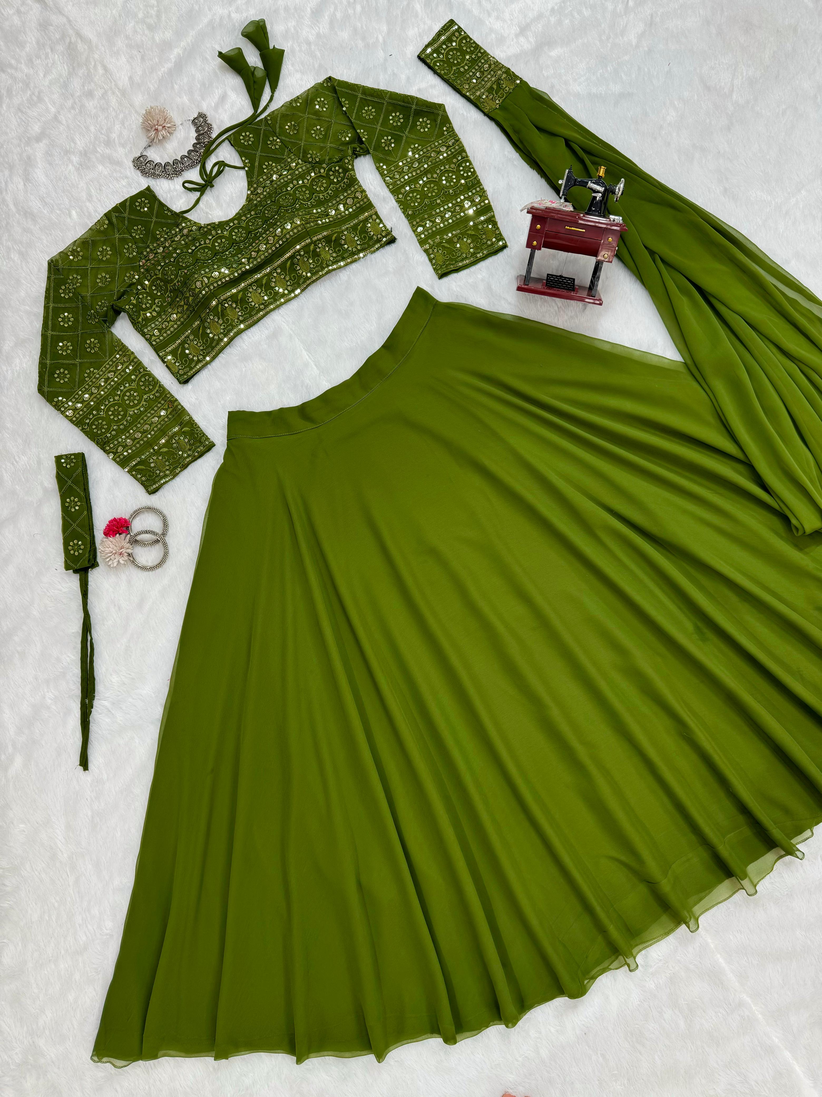 Trending Partywear Girlish Green Indo Western Lehenga Choli