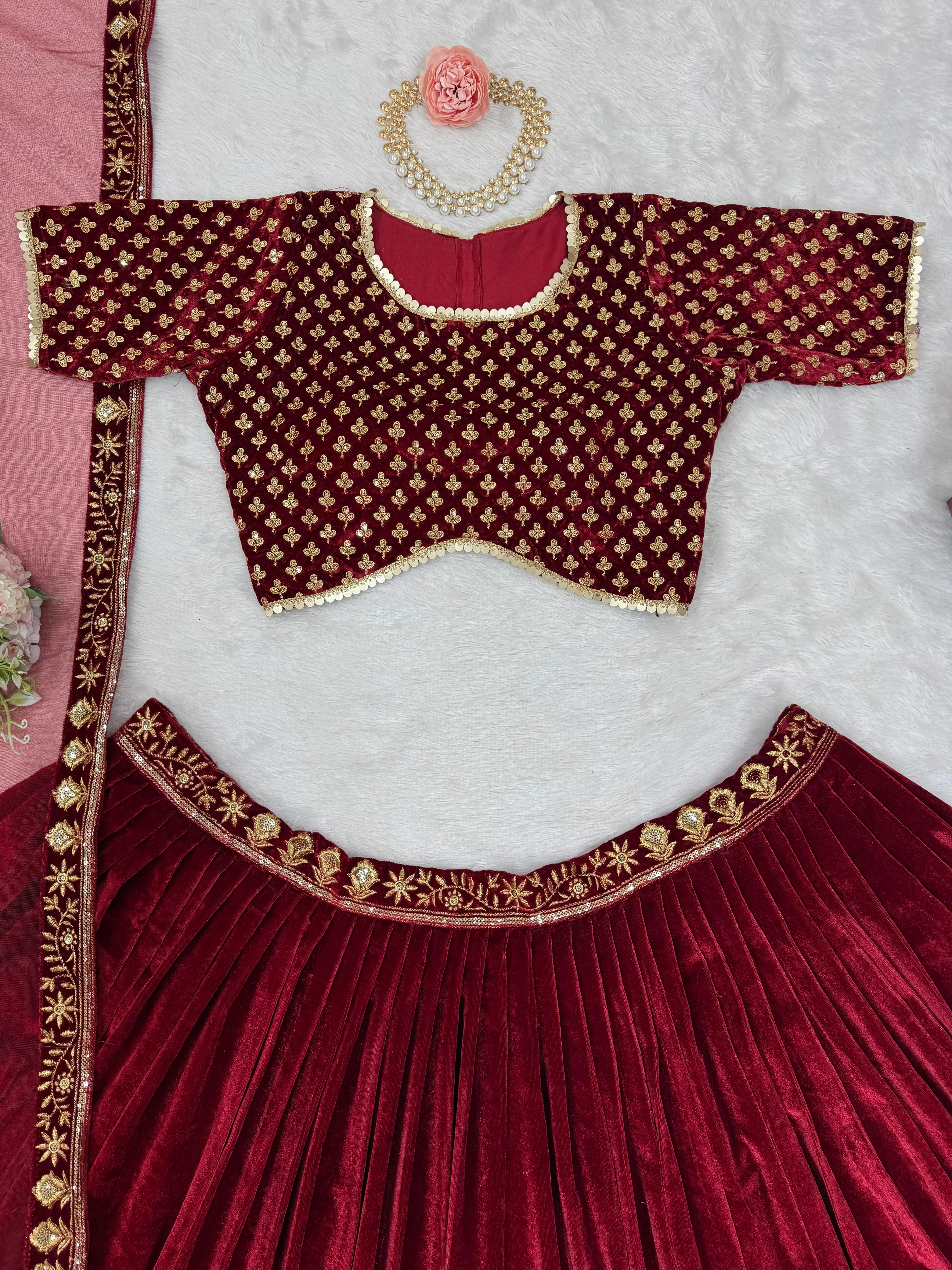 Brides Special Viscose Velvet Thread With Sequence Work Lehenga Choli