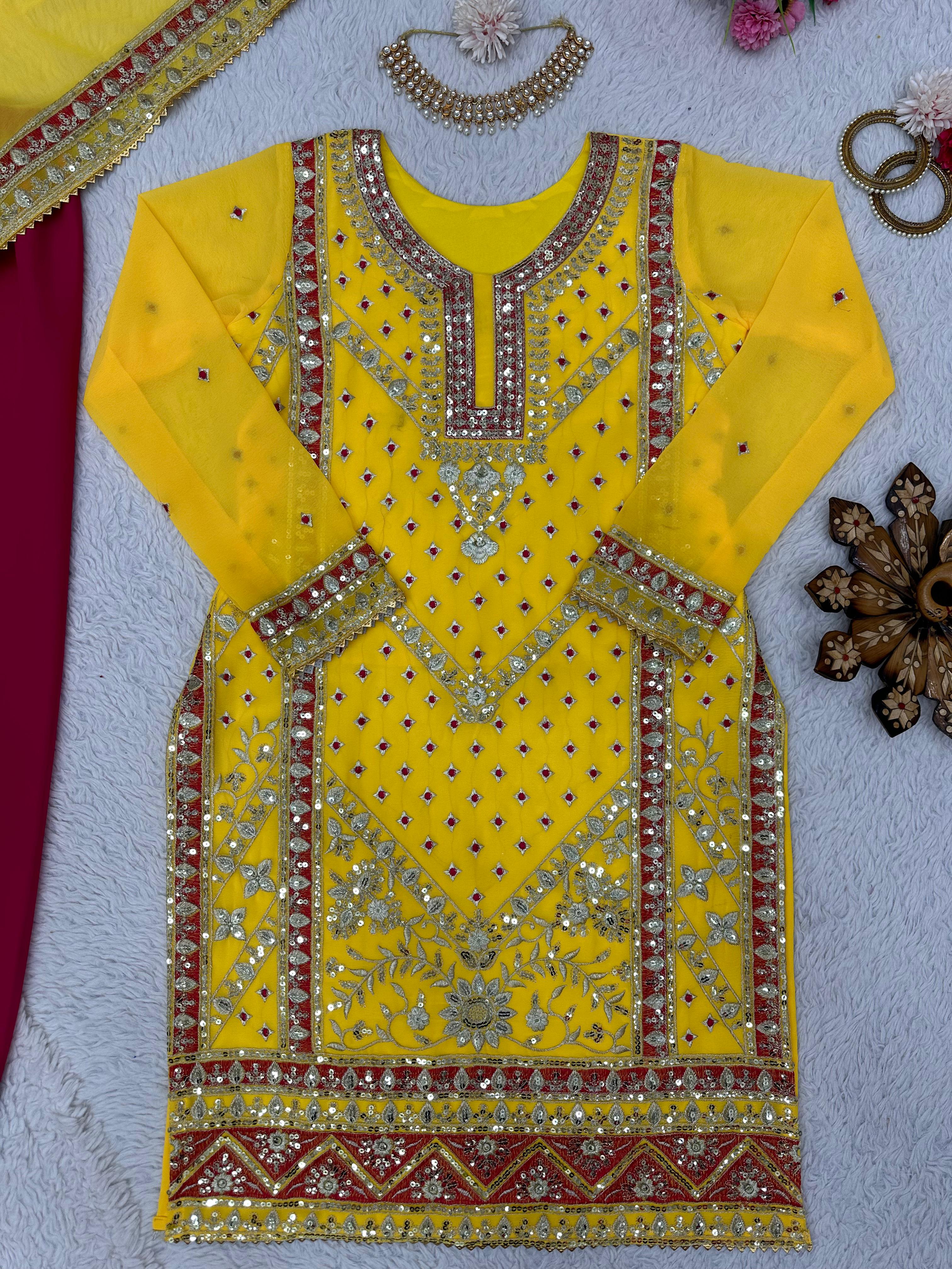 Shining Yellow Beautiful Designer Georgette Thread With Sequence Work Suit