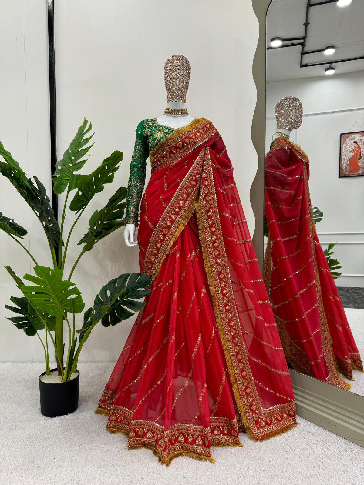 Extraordinary Red Beautiful Designer Thread & Sequence Work Organza Silk Saree