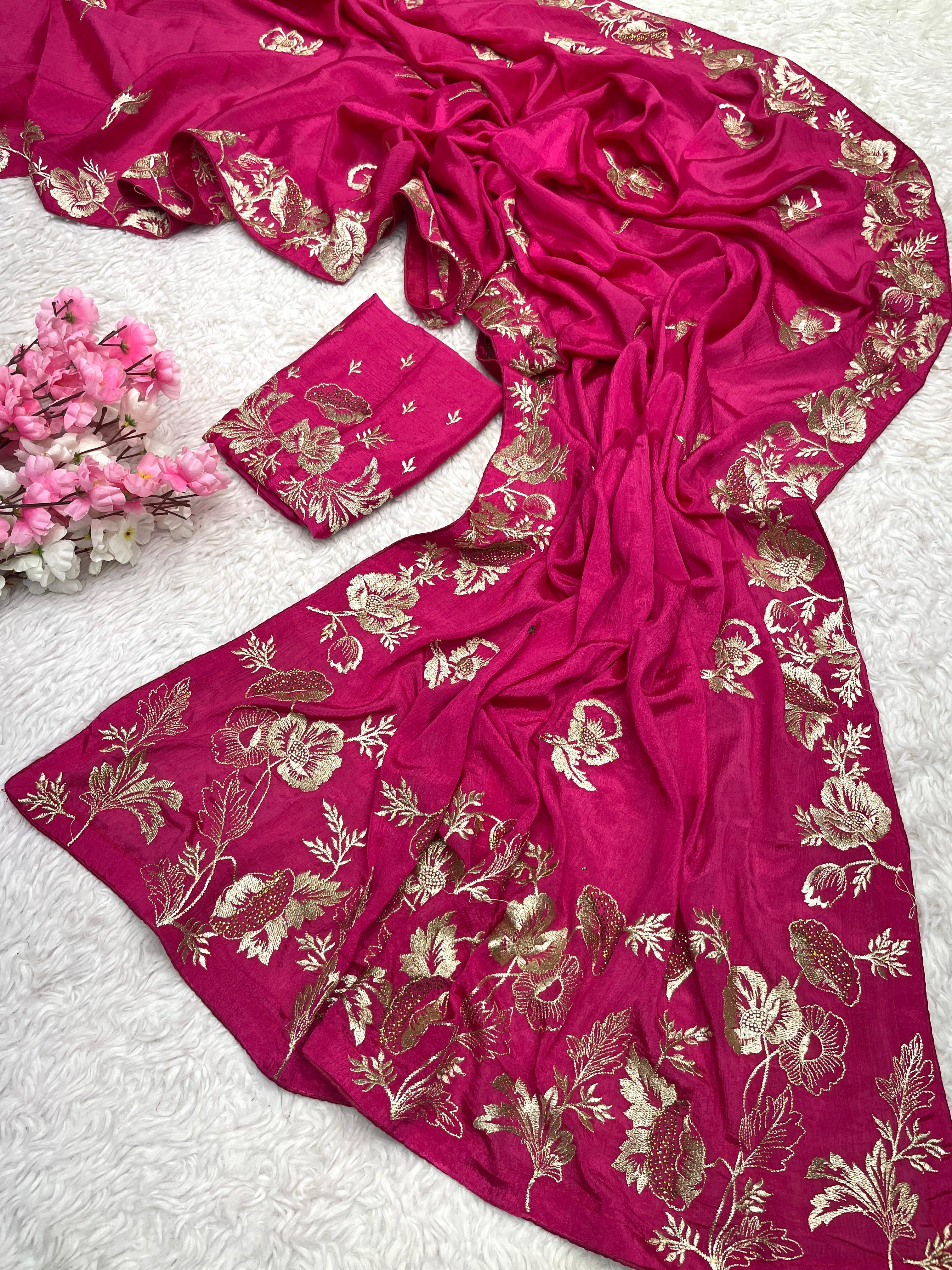 Festival Special Chinon Blooming With Beautiful Zari Work Saree