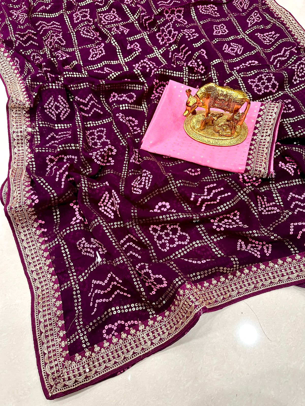 Beautiful Georgette Foli Printed Saree With Thread Zari Work Border