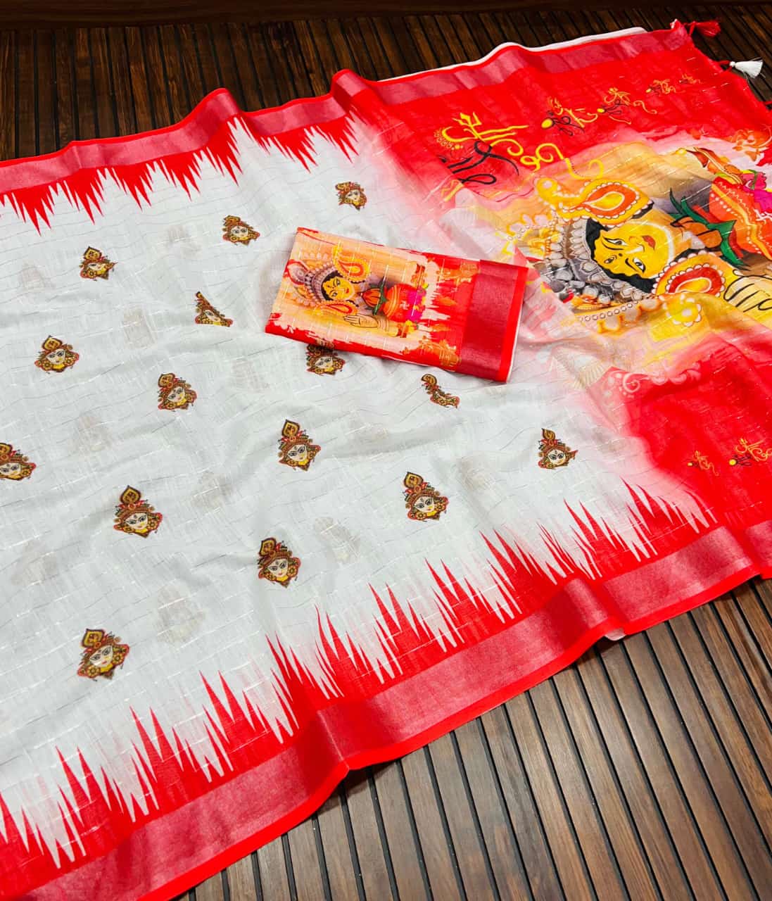 Beautiful Pure Linen Cotton Durga Pooja Saree