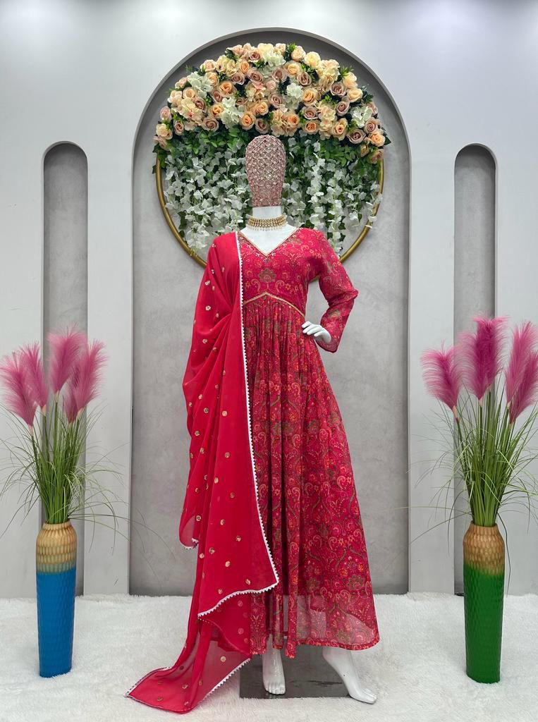 Beautiful Pink Georgette Printed Work Gown