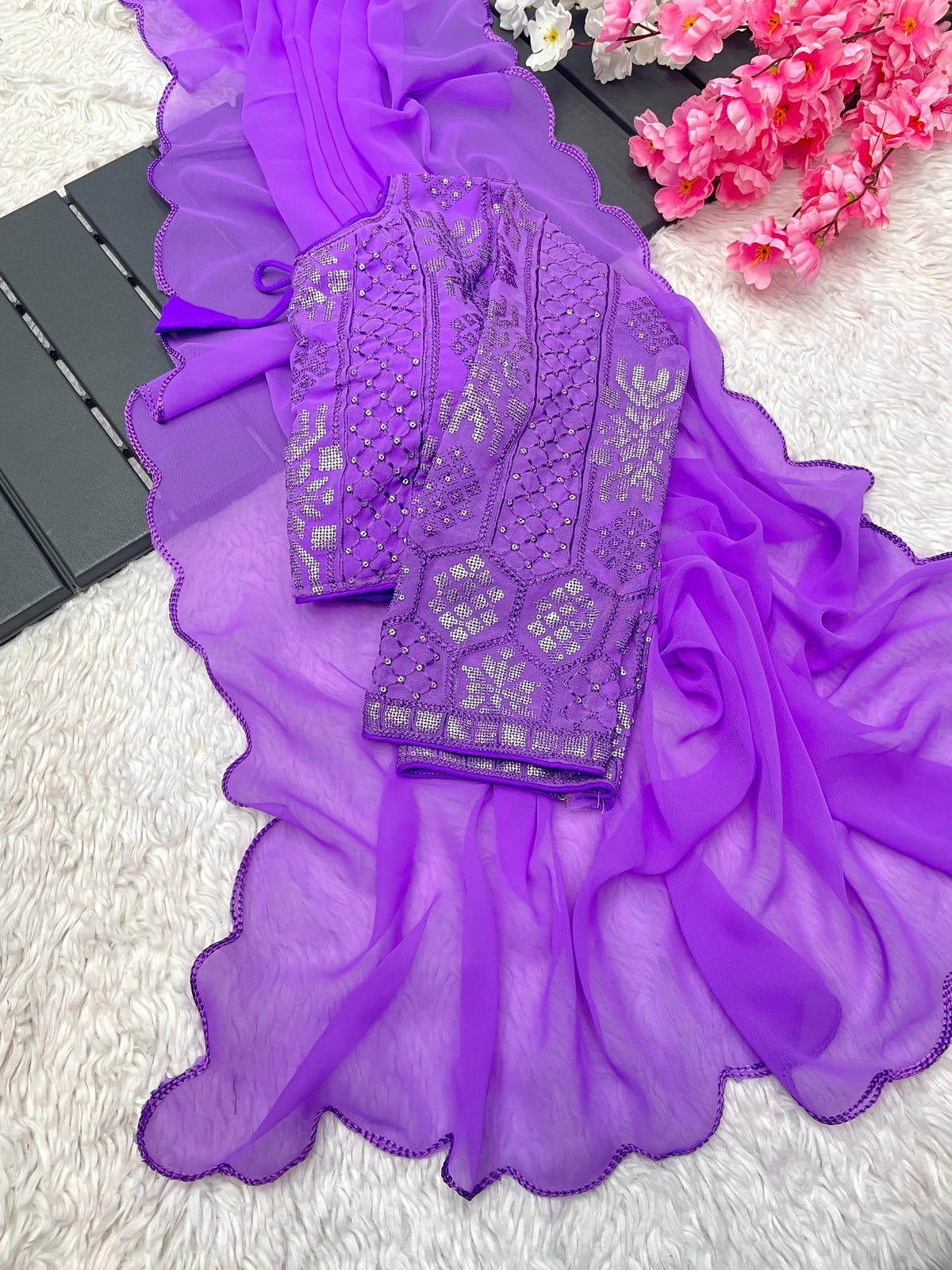 Beautiful Designer Lavender Smooth Georgette Sequence Work Saree