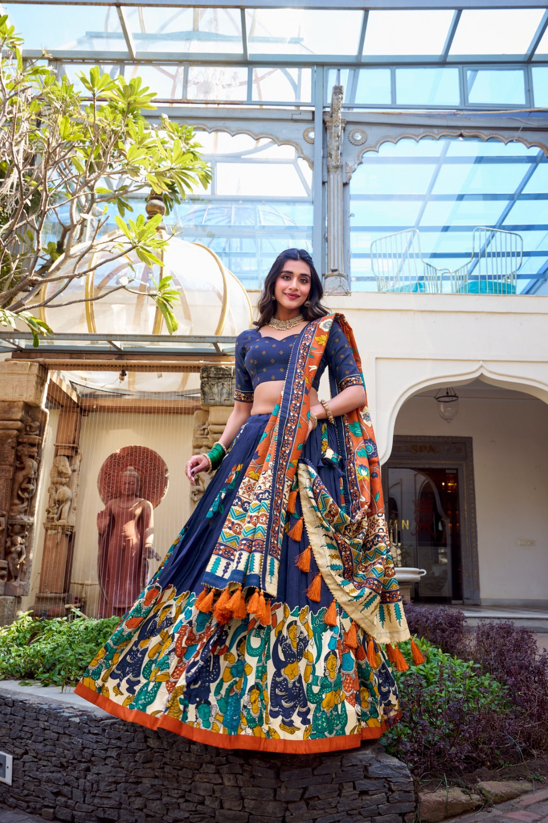 Beautiful Traditional Tussar Silk kalamkari With Foil Work Lehenga Choli