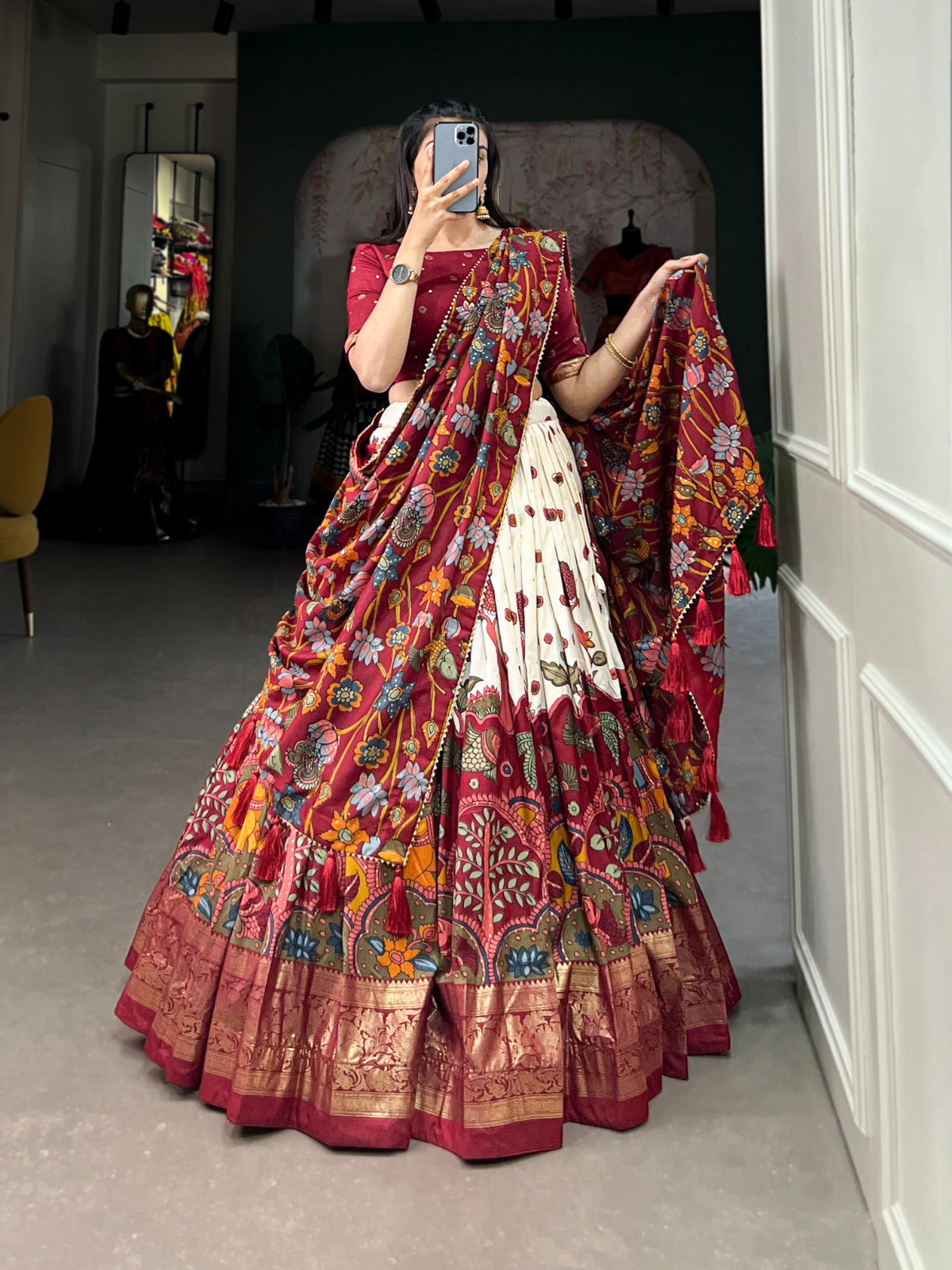 Southern Grace Tussar Silk Kalamkari Printed Lehenga Choli