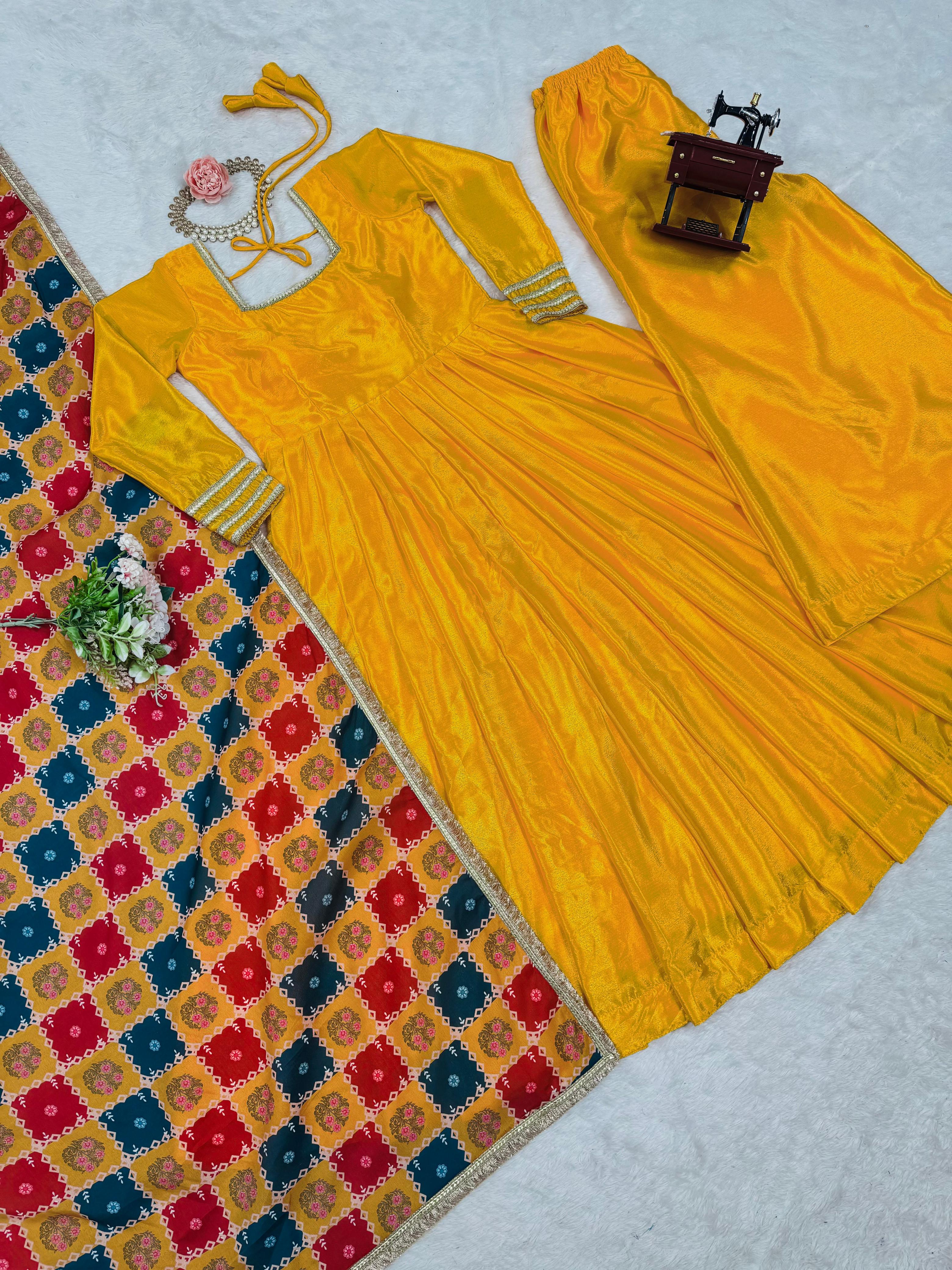 Festive Special Yellow Chinon Silk Gown