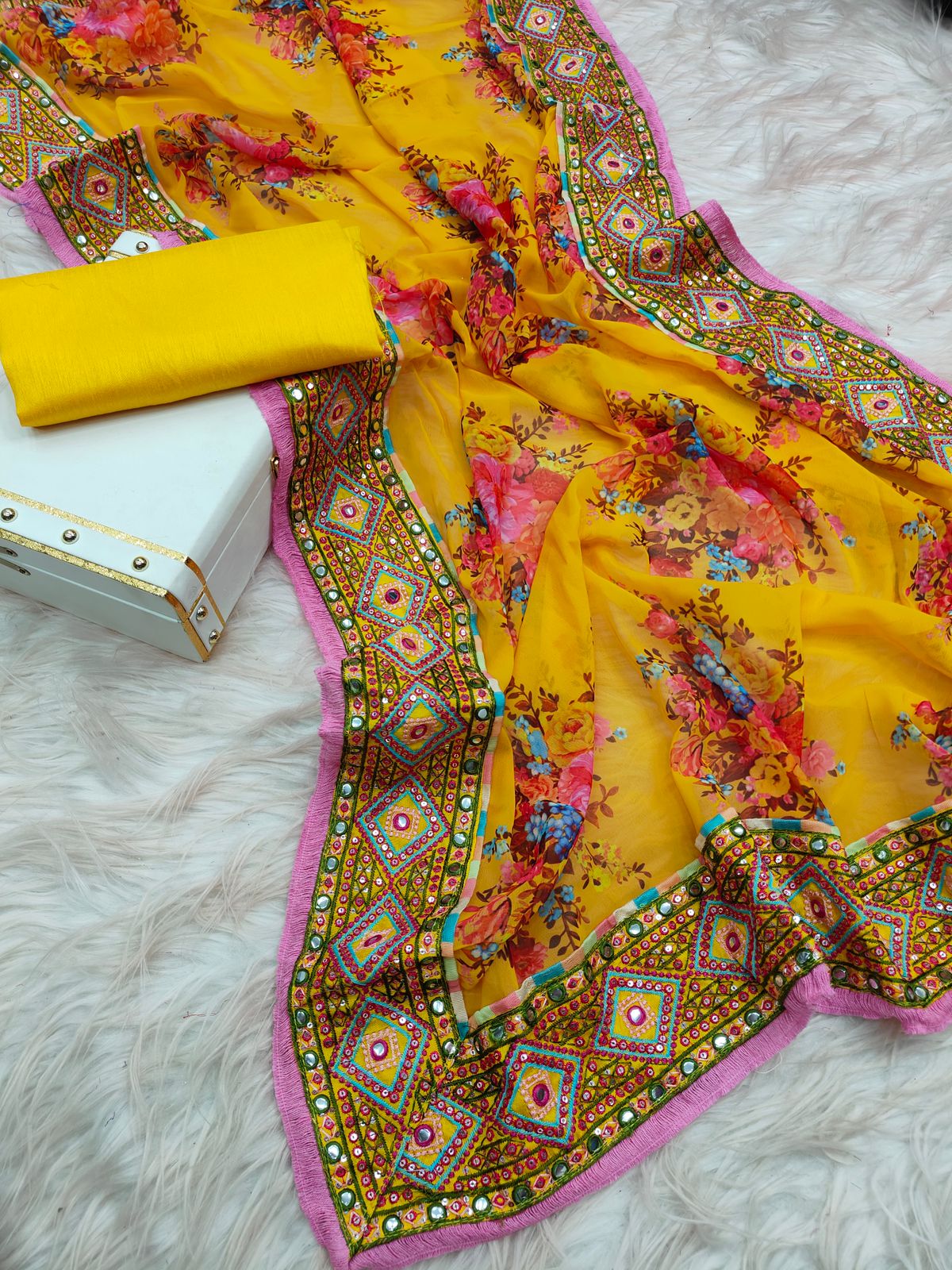 Beutiful Yellow Georgette Digital Printed With Multi Embroidery Work Saree