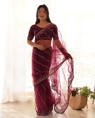 Designer Butterfly Net sequence Embroidery Work Saree