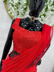 Trending Party-wear Red Butterfly Net Ready To Wear Lehenga Saree