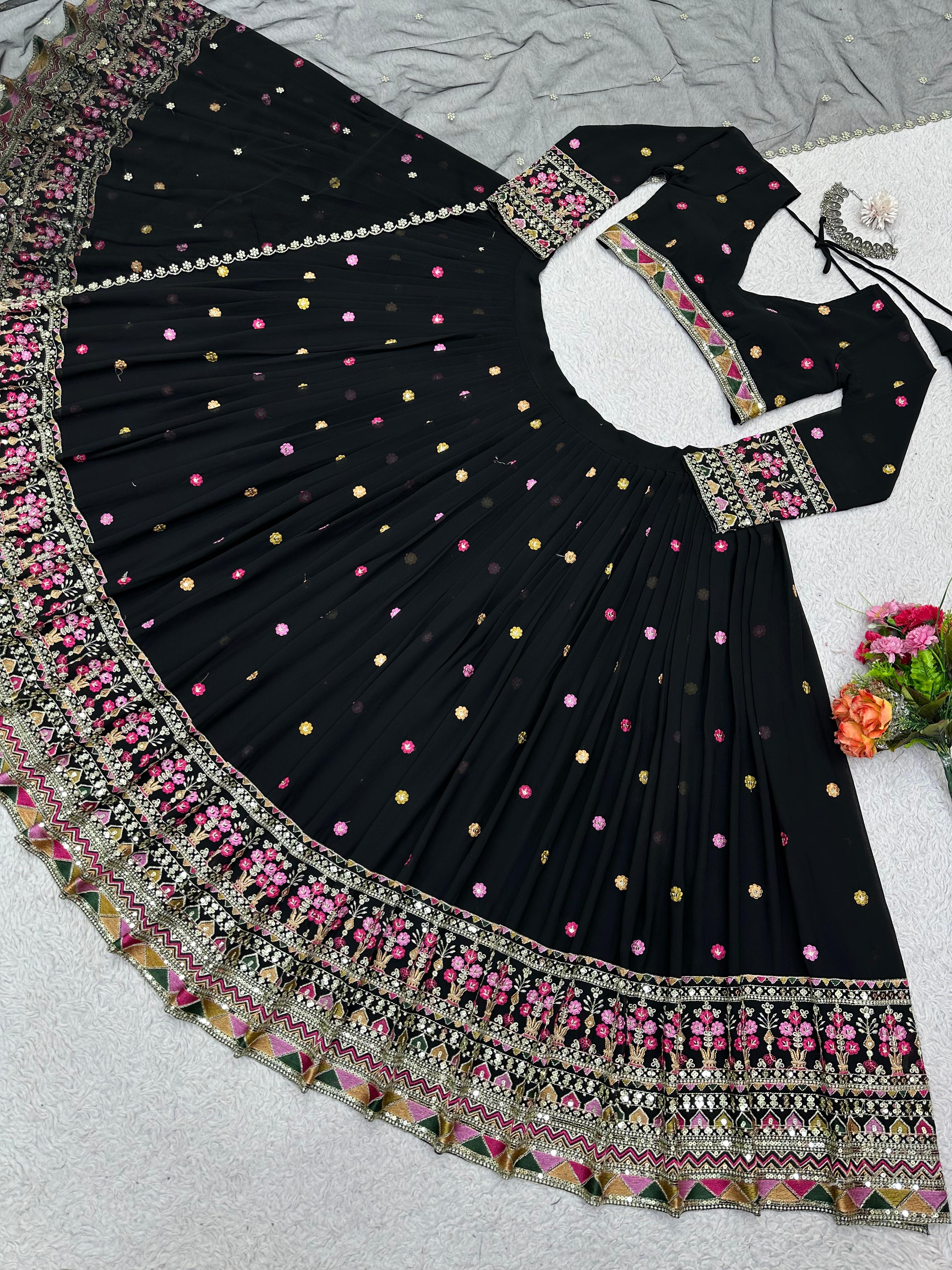 Attractive Black Georgette Thread Sequence Work Lehenga Choli