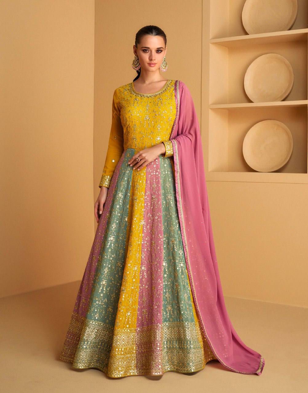 Beautiful Multicolored Georgette Embroidery Work Gown