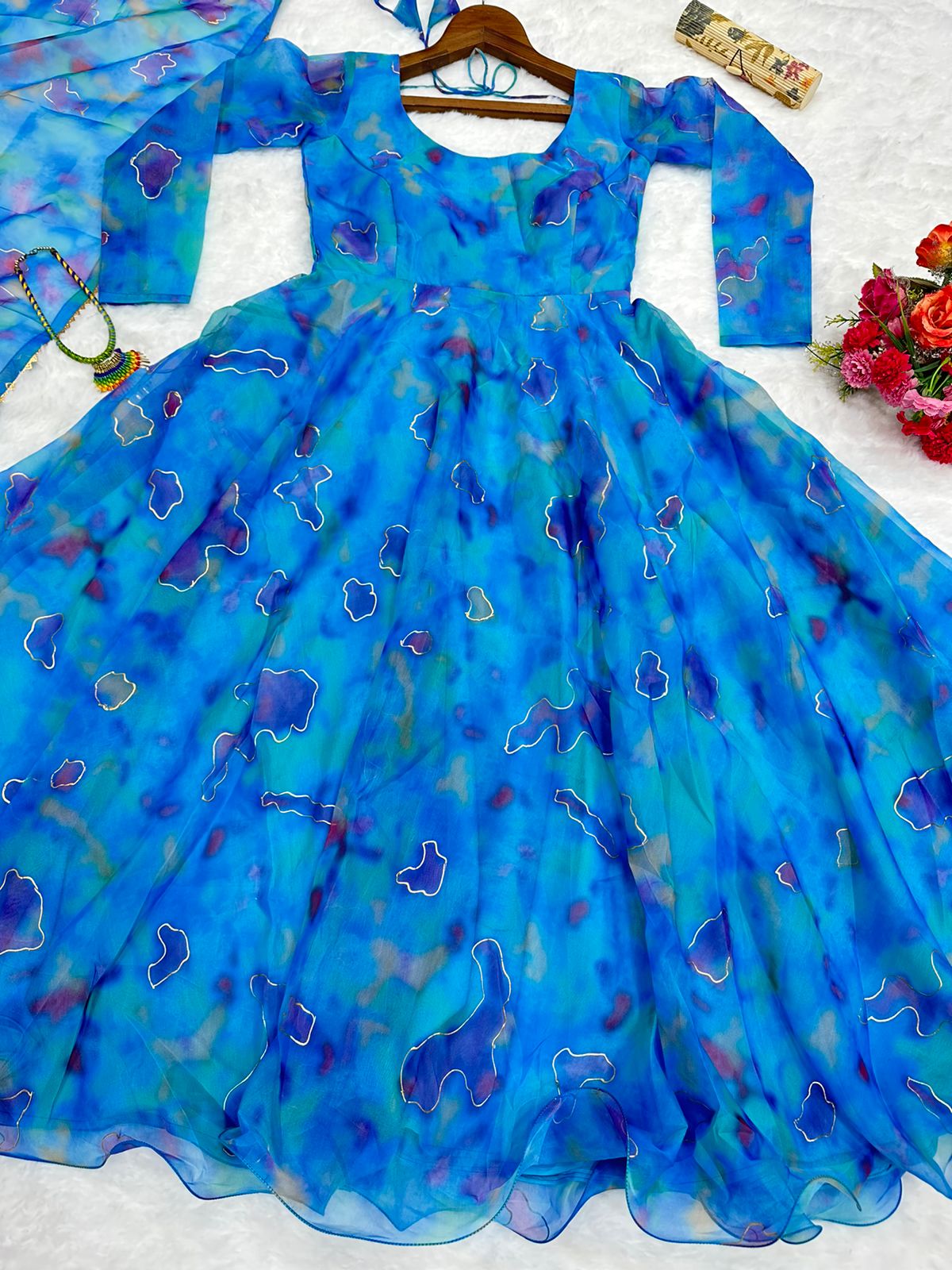 Beautiful Sky Blue Tibby Silk Digital Printed & Foil Work Gown