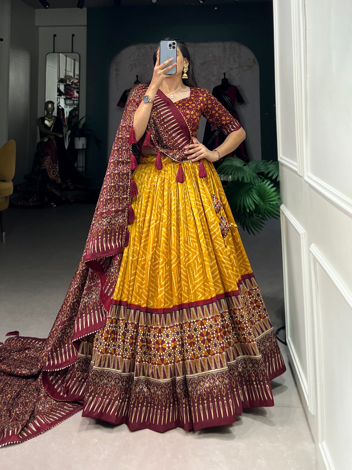 Beautiful Tussar Silk Ajarakh Print With Gotta Patti Lace Bordered Lehenga Choli