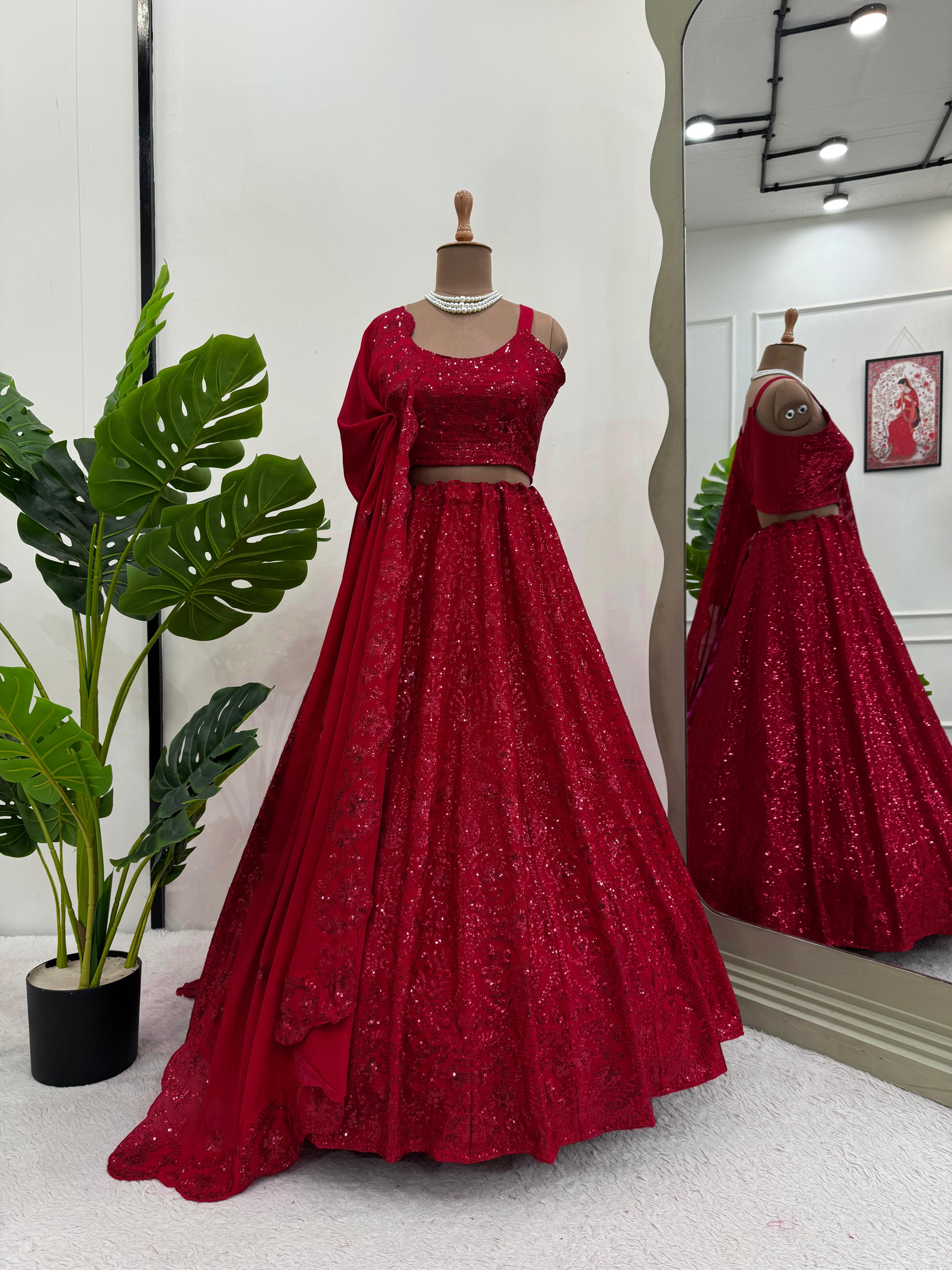 Red Sequence Work Chinon Silk Partywear Lahenga Choli