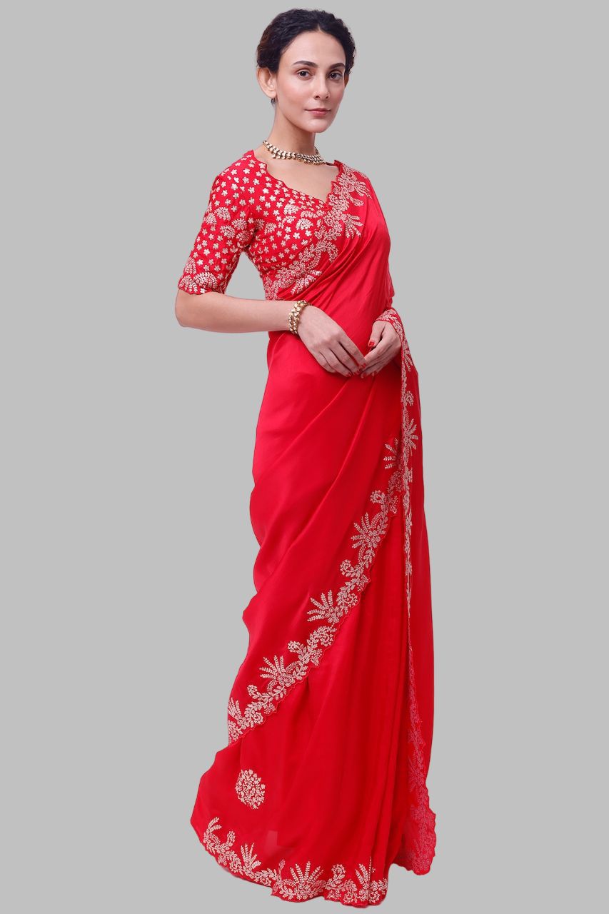 Royal Red Premium Diamond Chinon Silk Saree