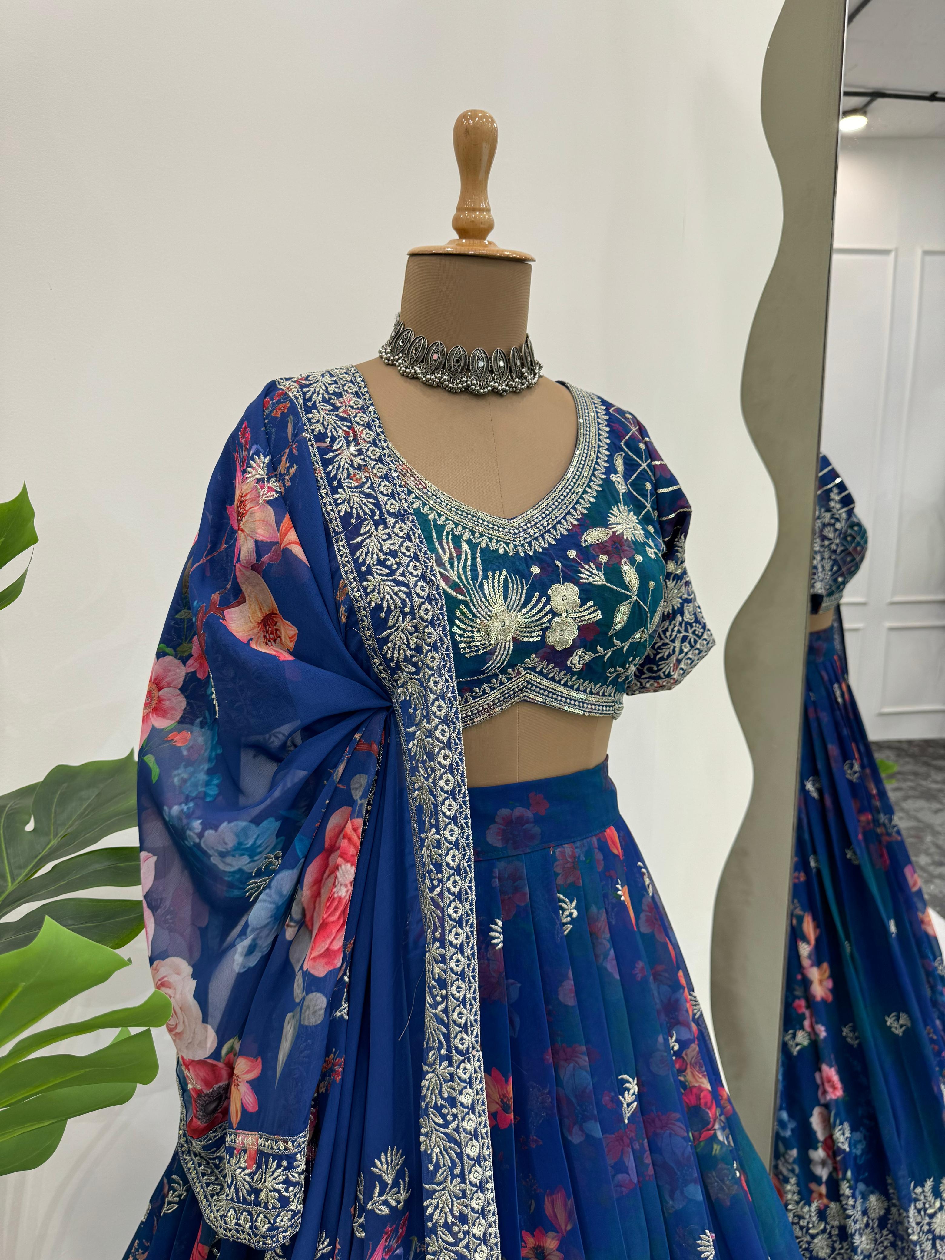 Bridesmaid Blue Georgette Silk Floral Digital Printed Lehenga