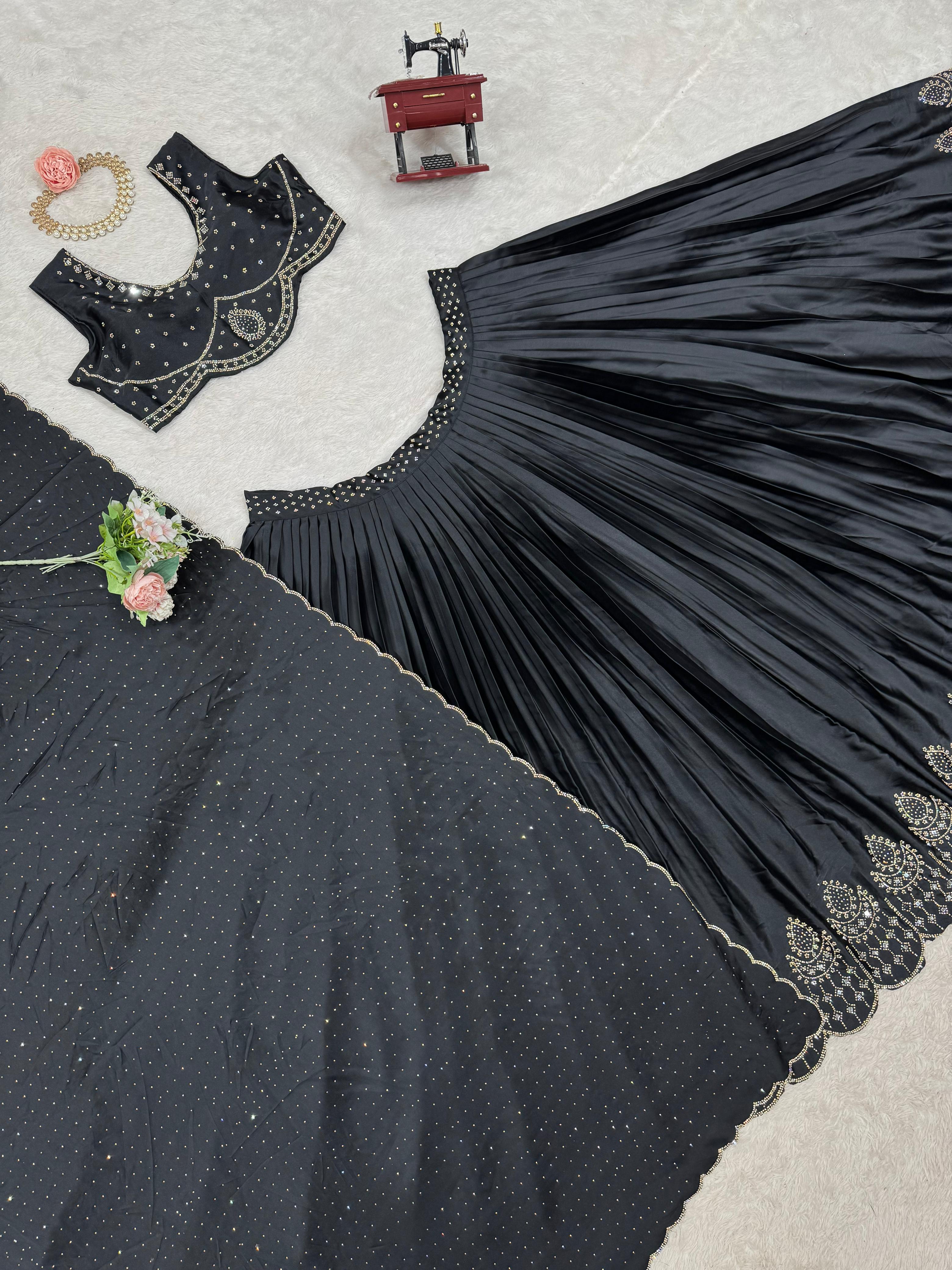 Beautiful Black Satin Silk Diamond & Real Mirror Work Lehenga Choli