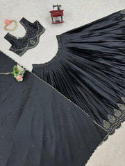 Beautiful Black Satin Silk Diamond & Real Mirror Work Lehenga Choli