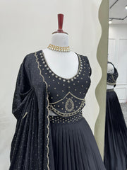 Beautiful Black Satin Silk Diamond & Real Mirror Work Lehenga Choli