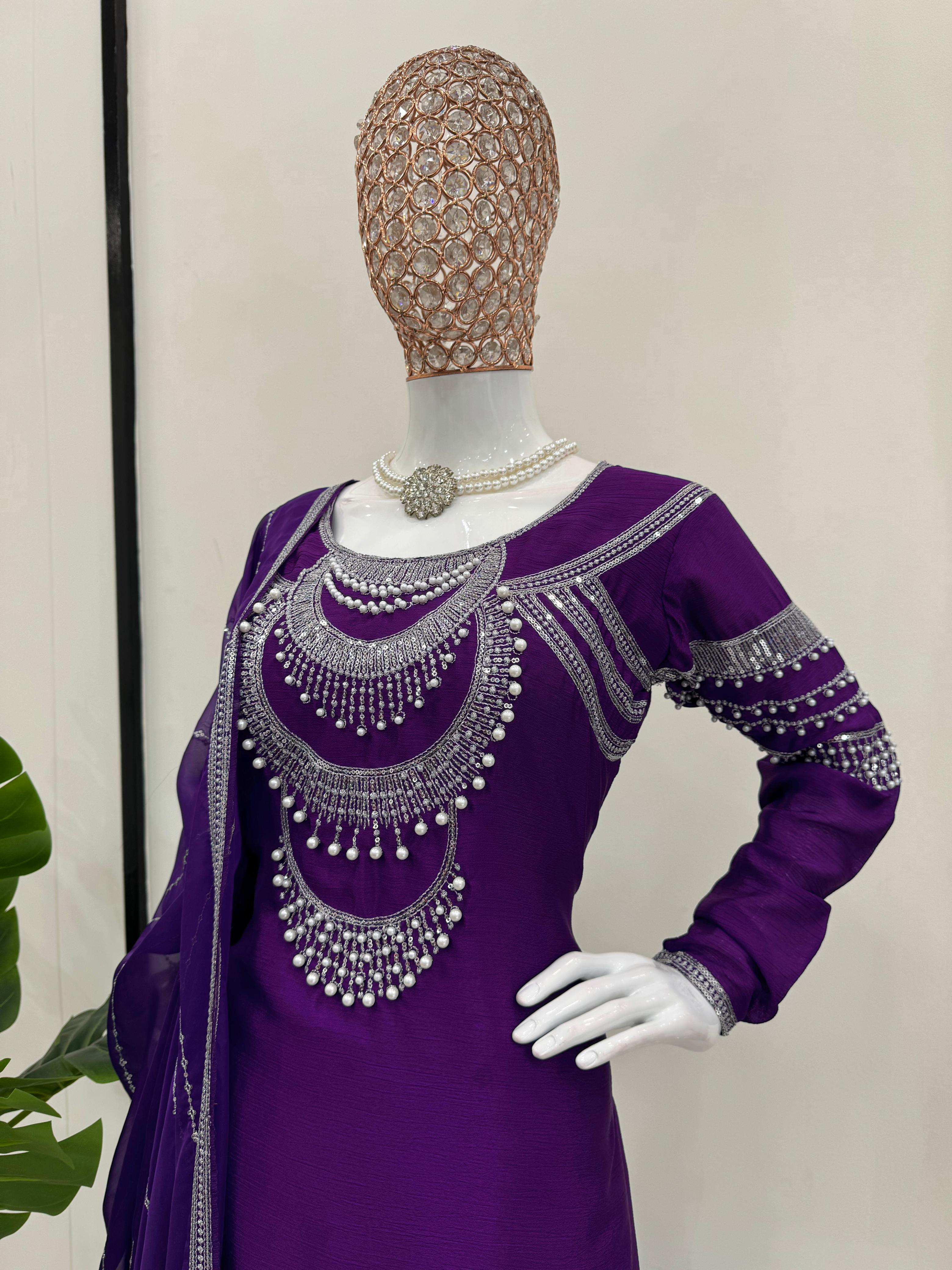 Partywear Purple Chinon Silk Sequence & Thready Work Salwar Suit