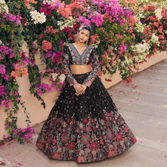 Fashionuma Georgette Black Sequence With Thread Work Lehenga Choli