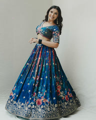 Bridesmaid Blue Georgette Silk Floral Digital Printed Lehenga