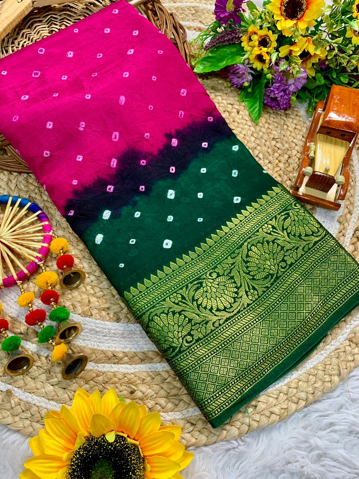 Beautiful Cotton Silk Kanjivaram Bandhani Saree