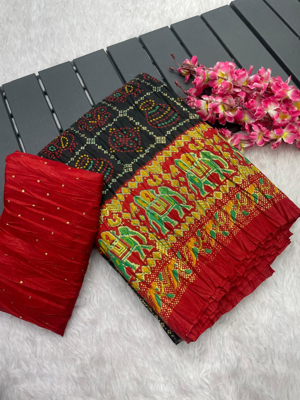 Pure Soft Crush Dola Pochampally Design With Foil Print Border Saree