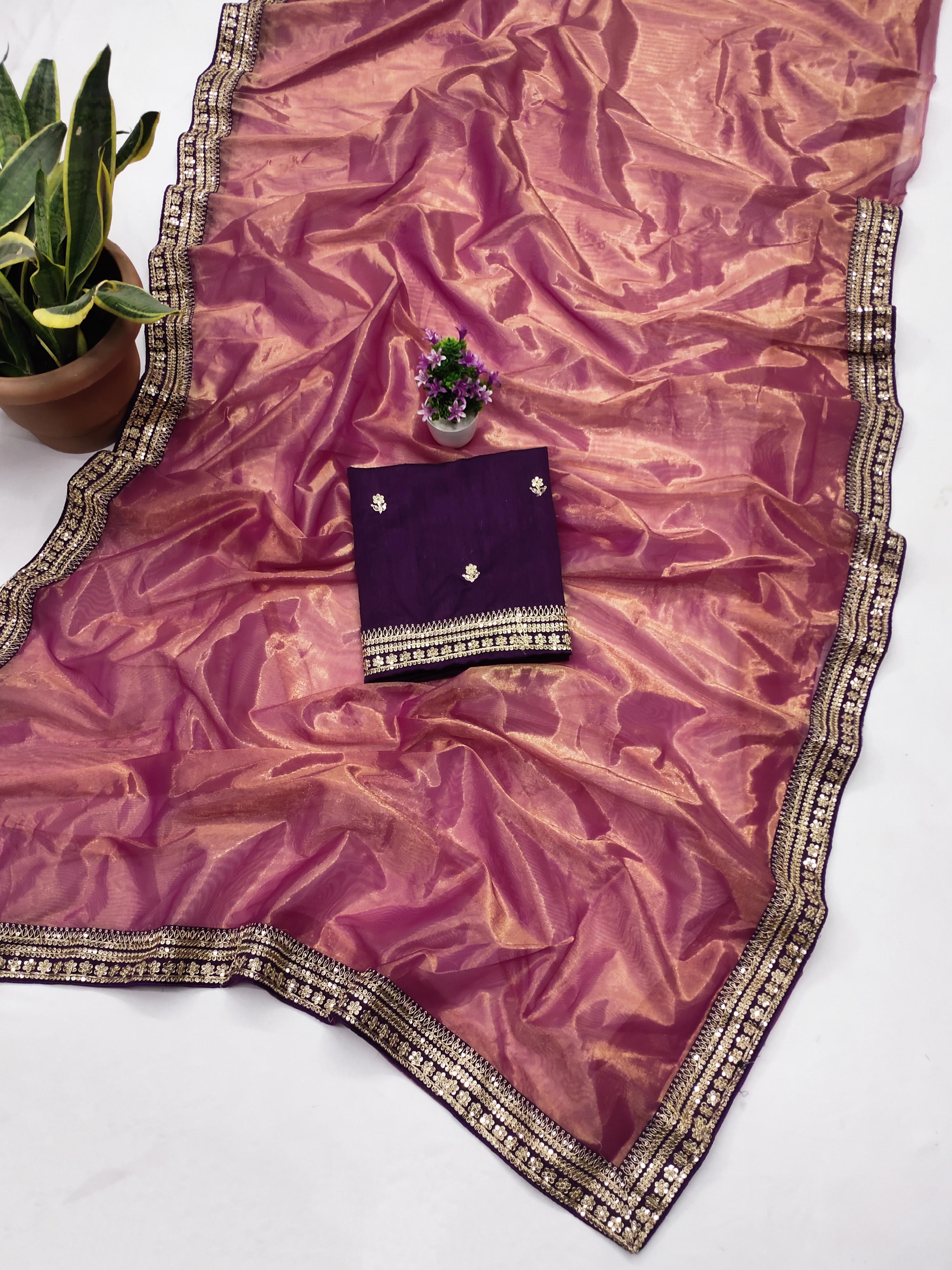 Partywere Golden Zari Tissue Silk Work Saree