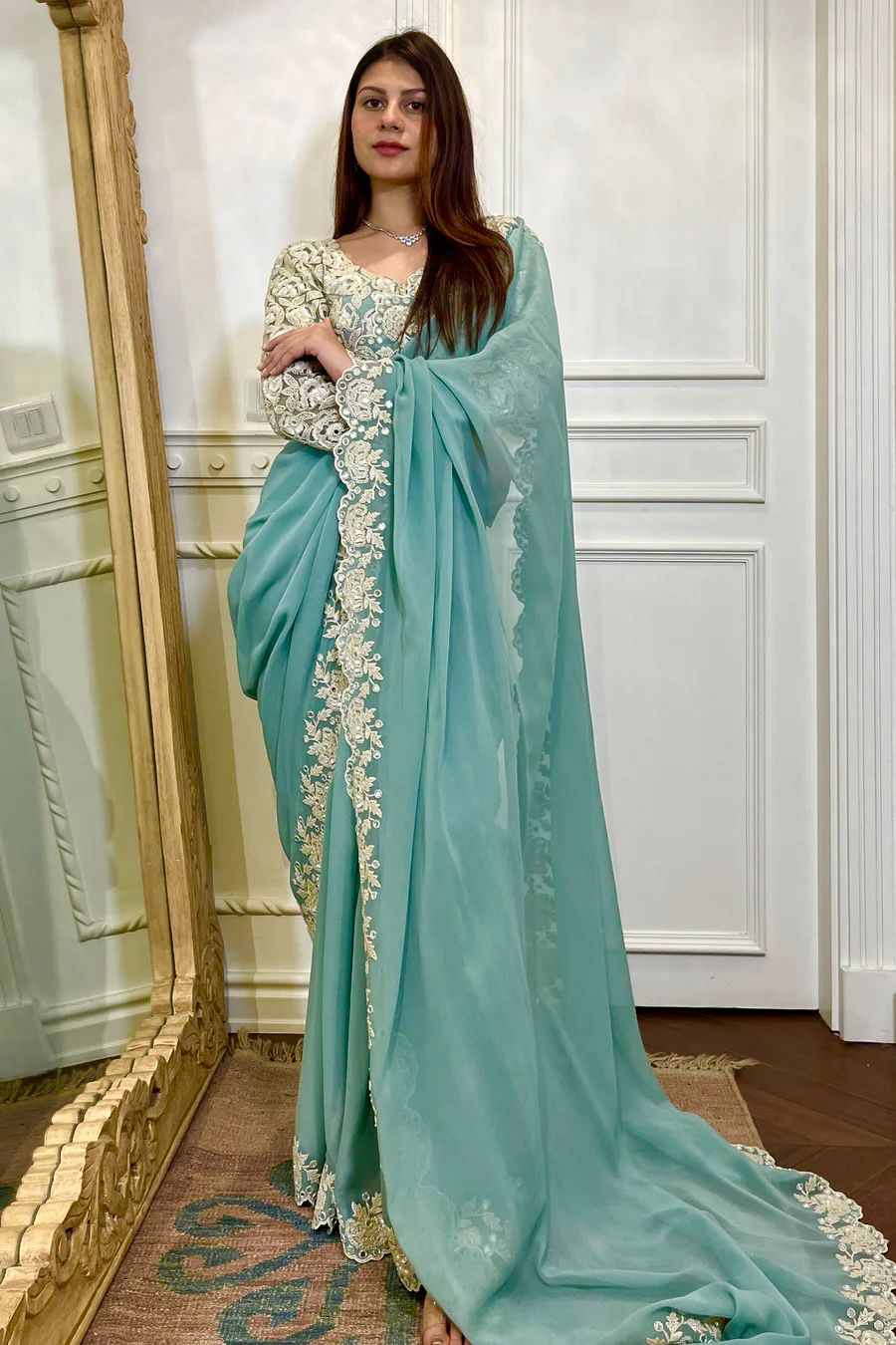 Partywear Georgette Beautiful Designer Sequence With Real Mirror Work Saree