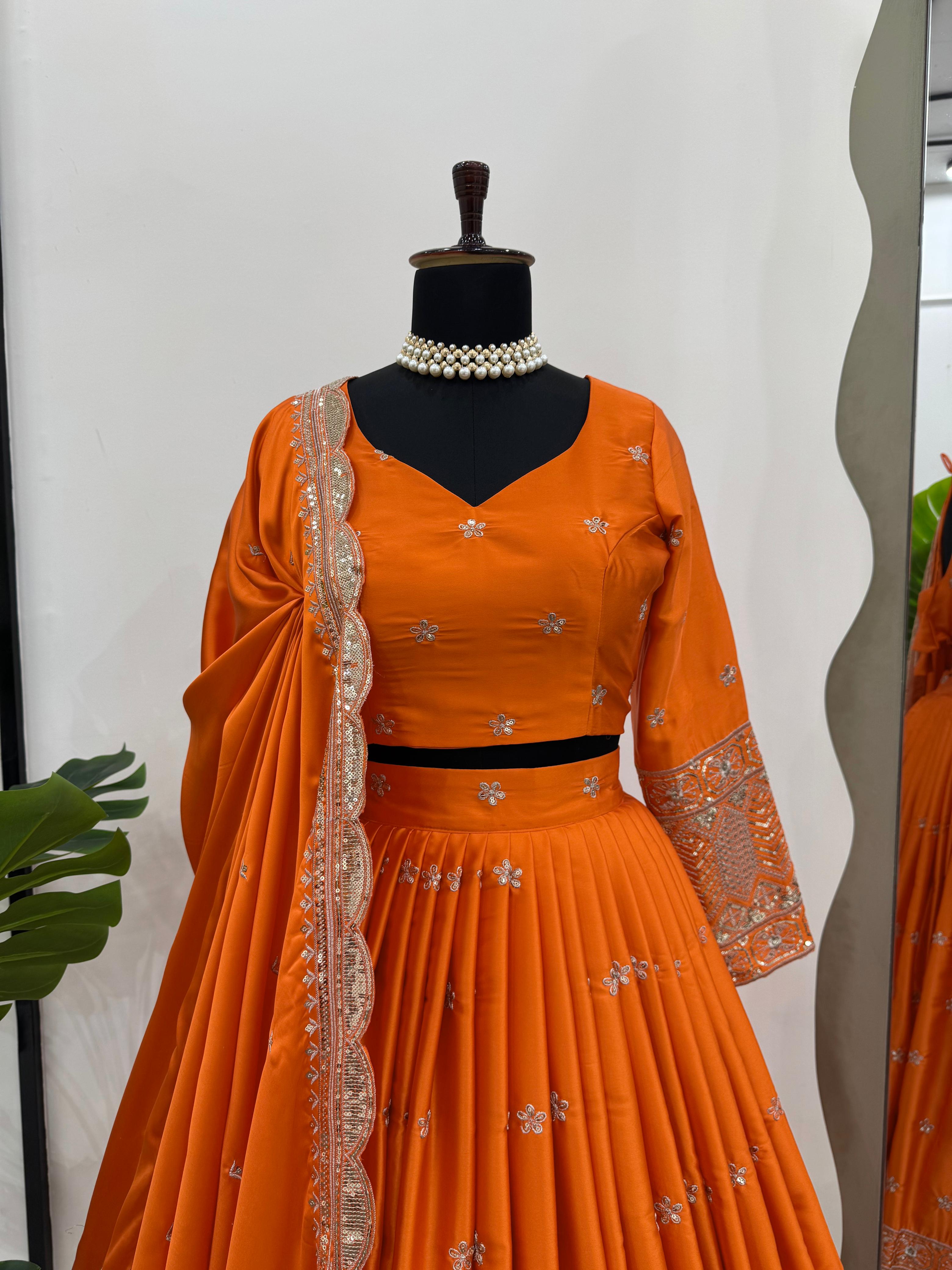 Outstanding Orange Satin Silk Thread With Sequence Work Lehenga Choli