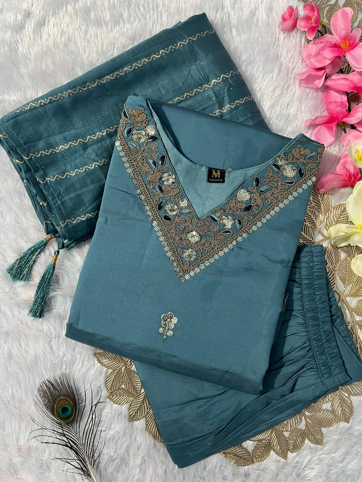 Designer Denim Blue Roman Silk With Beautiful Embroidery With Sequence Work Dress