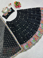 Gorgeous Black Color Thread With Sequence Work Lehenga In Georgette