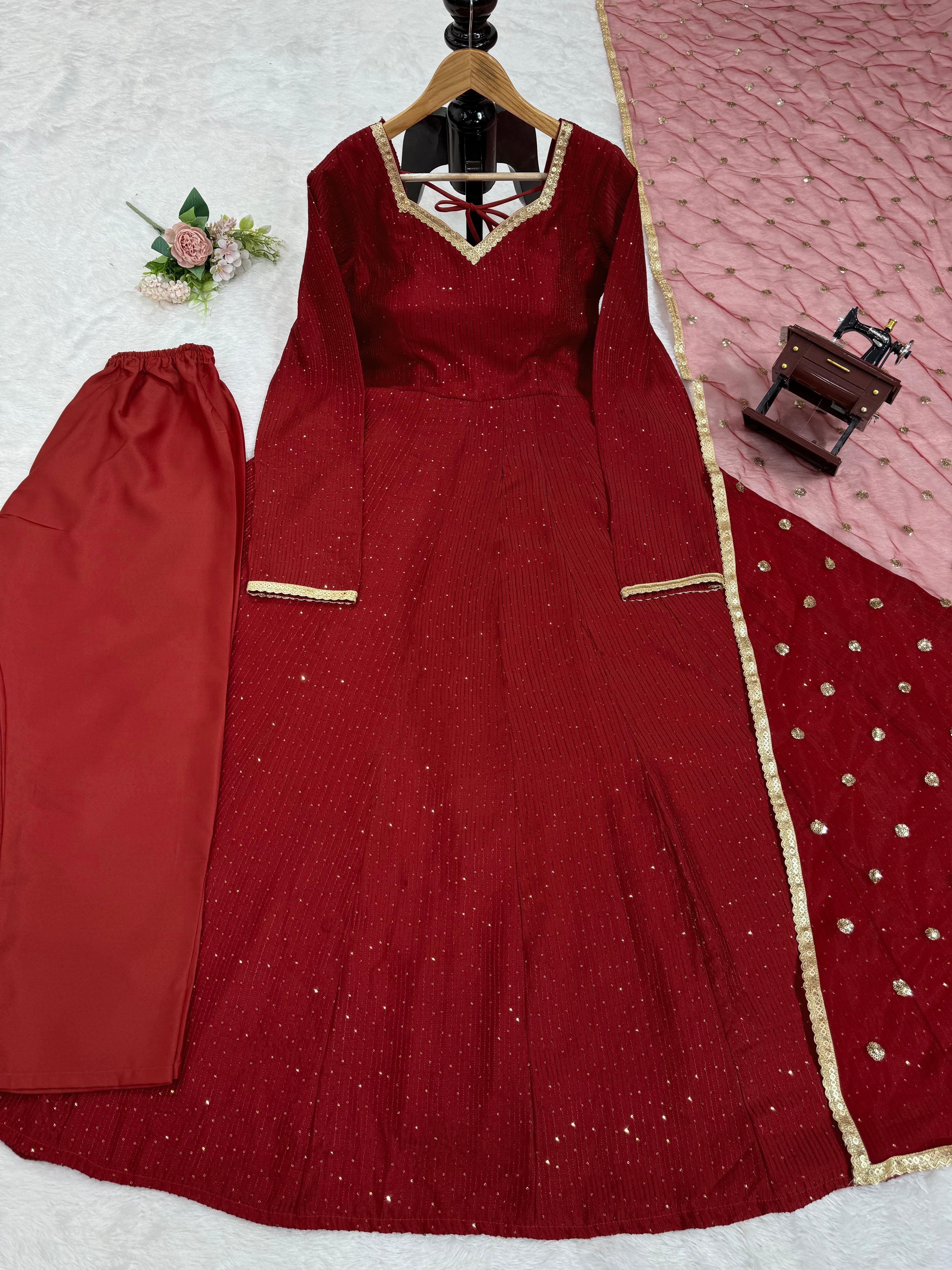 Partywear Beautiful Maroon Dola silk Gown