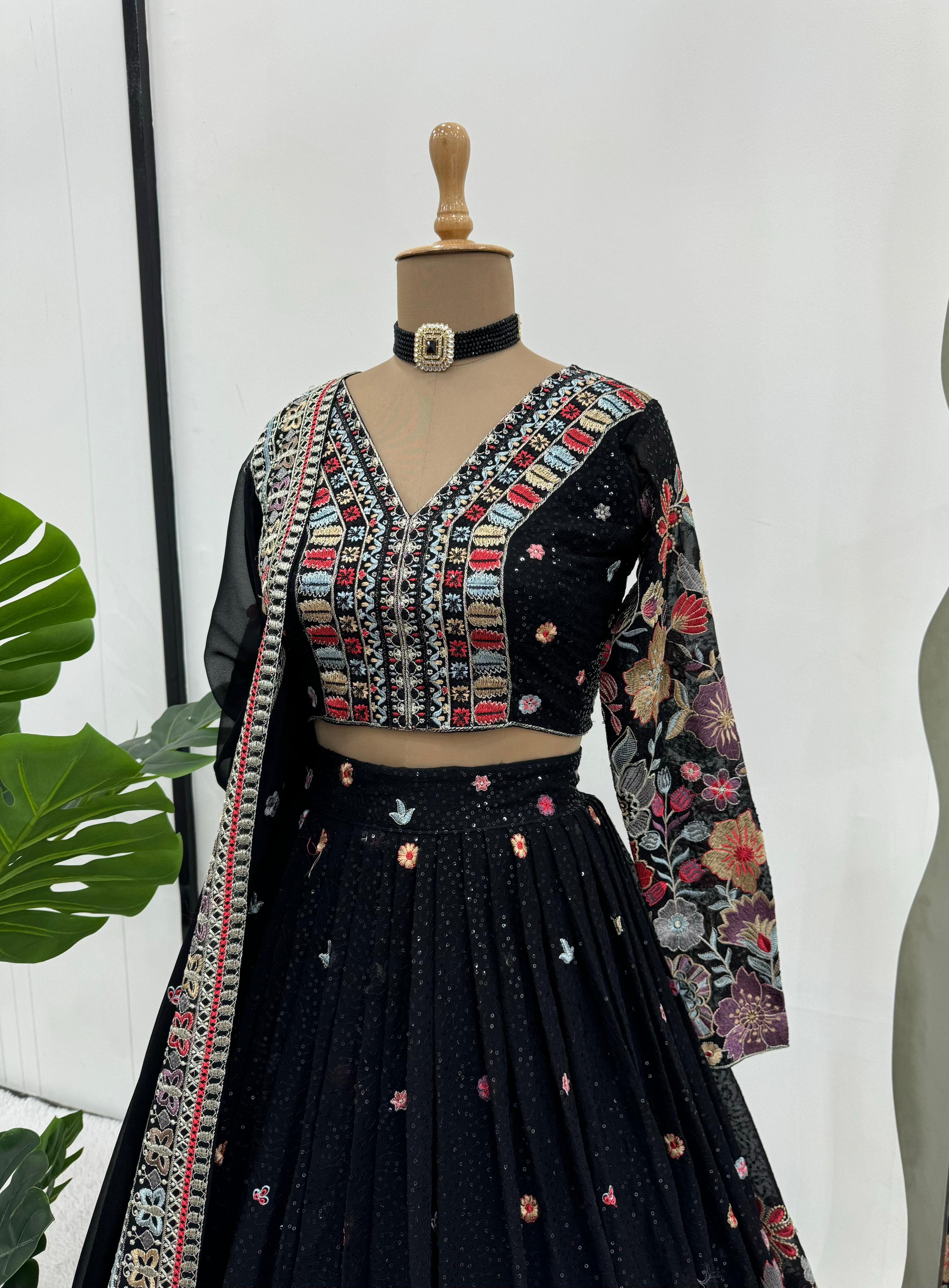 Fashionuma Georgette Black Sequence With Thread Work Lehenga Choli