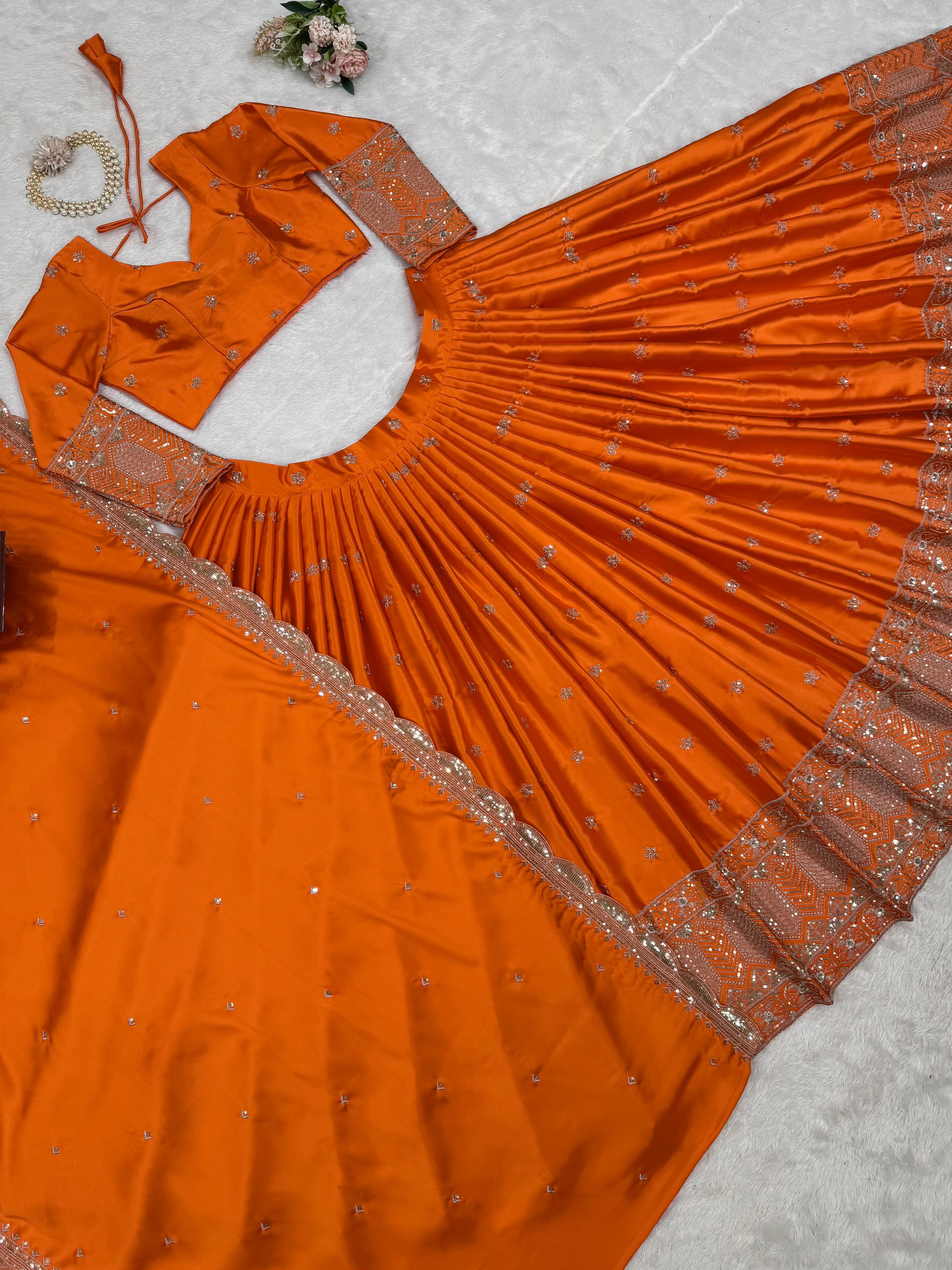 Outstanding Orange Satin Silk Thread With Sequence Work Lehenga Choli