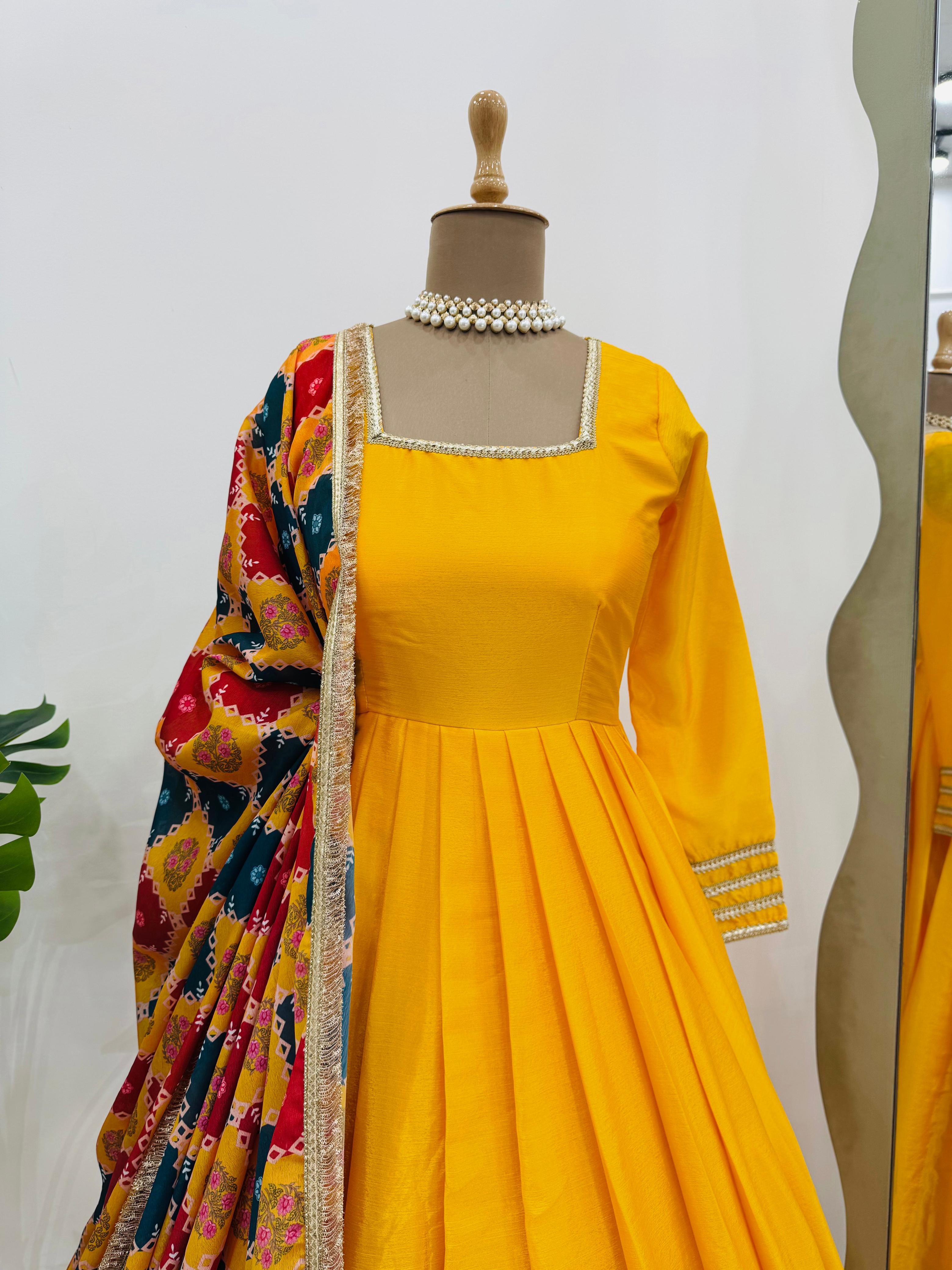 Festive Special Yellow Chinon Silk Gown