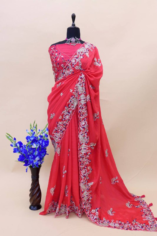 Sizzling Pink Colour Vichitra Silk With Embroidery Work & Fancy Cut Work Border Saree