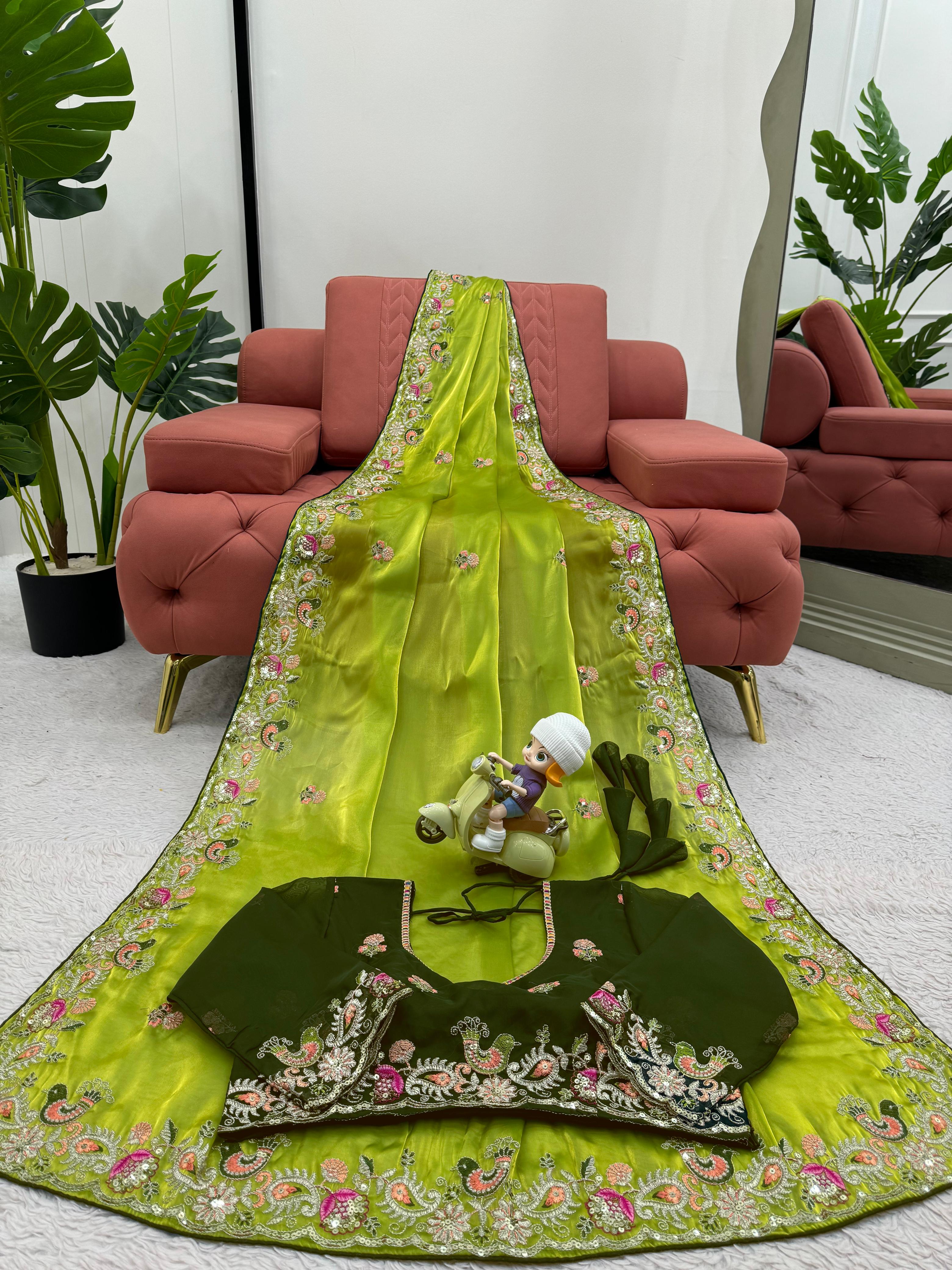 Beautiful Designer Green Tibby Silk Saree