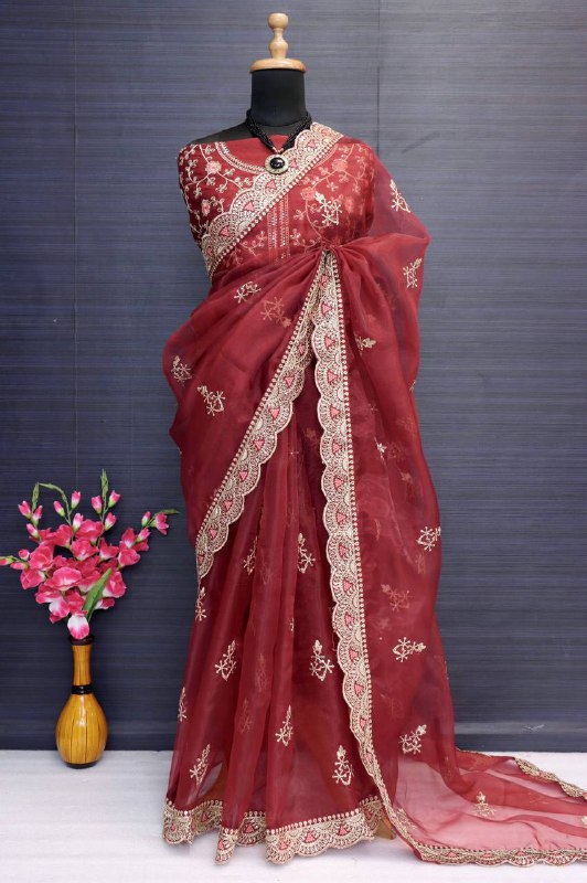 Festive Wear Organza Silk With Embroidery Codding & Sequence Work Saree