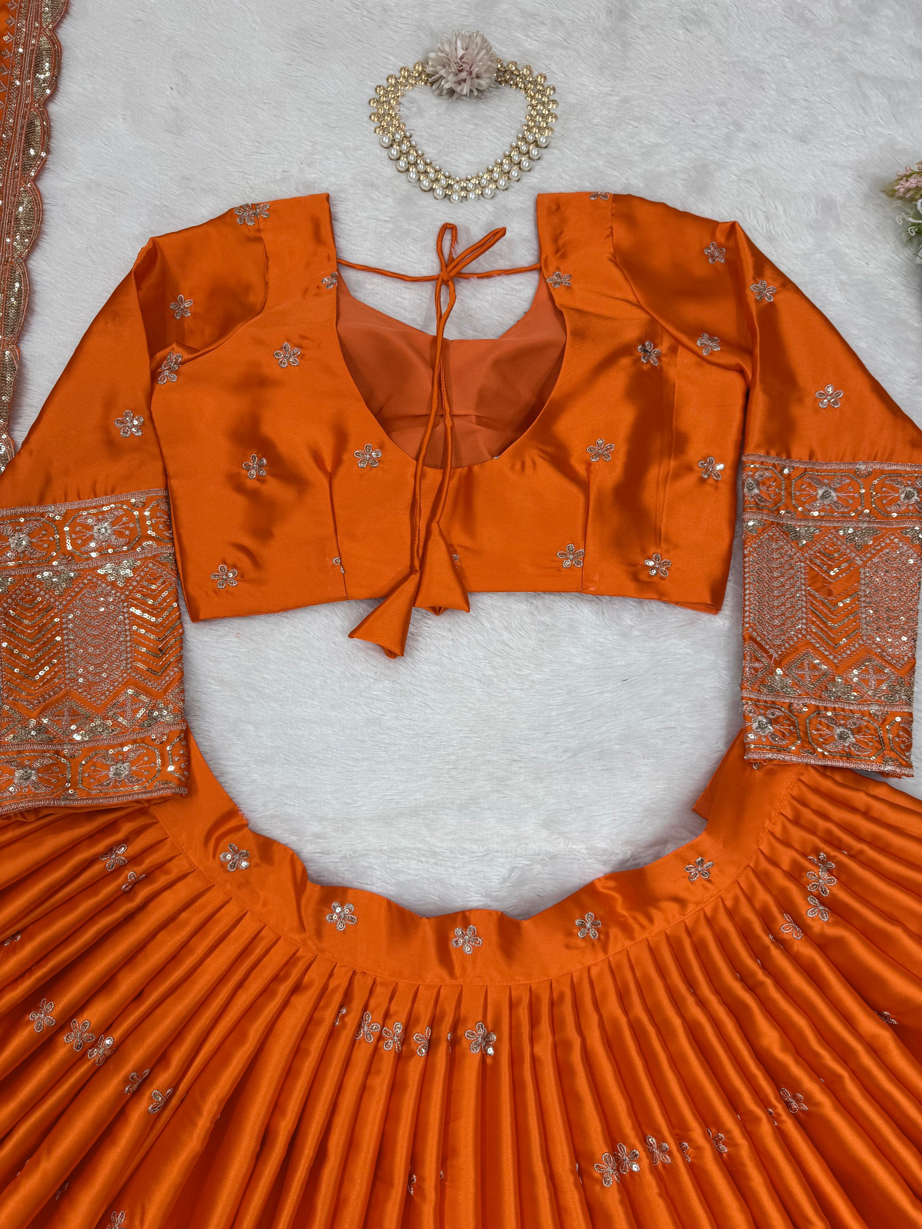 Outstanding Orange Satin Silk Thread With Sequence Work Lehenga Choli