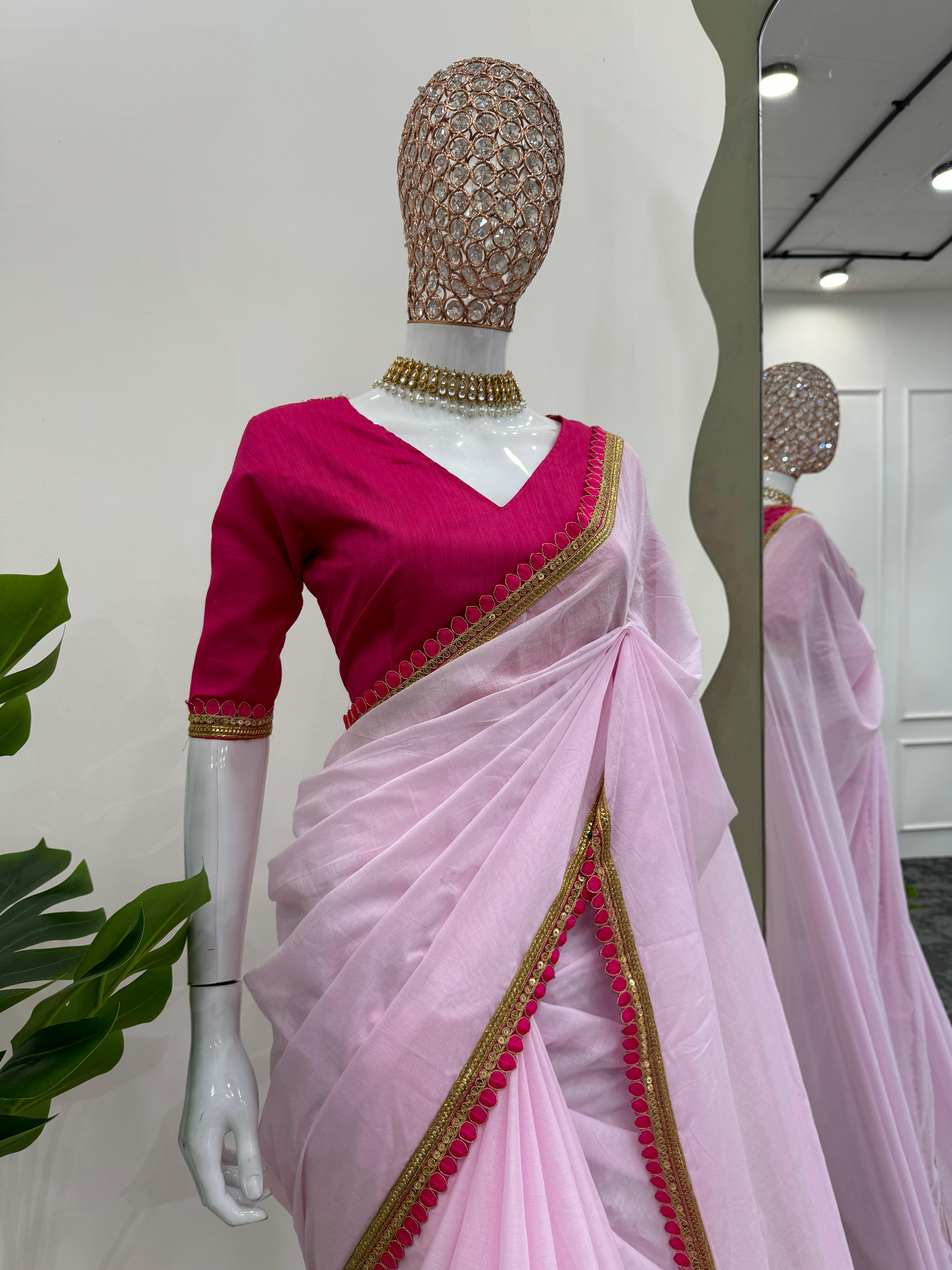 Pretty Pink Beautiful Designer Mul Mul Cotton Saree