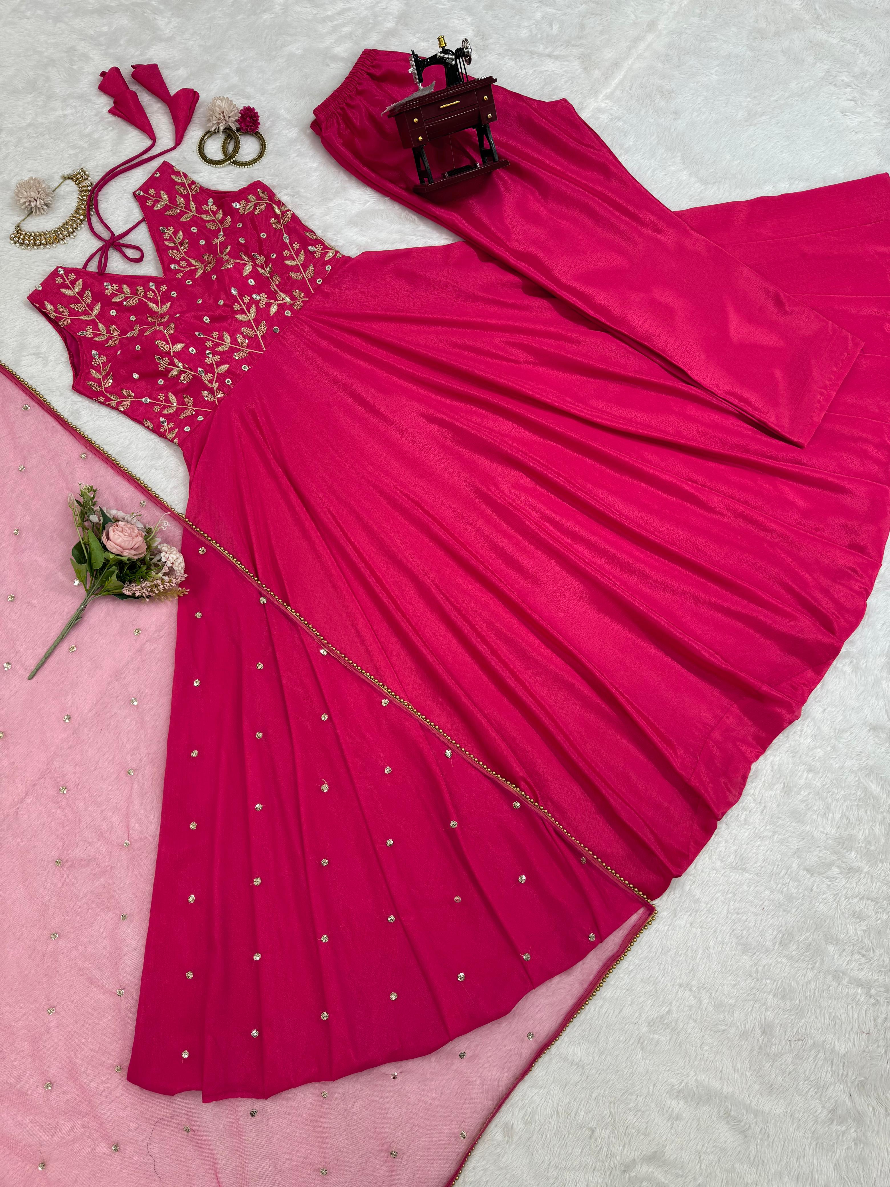 Pretty Pink Chinon Silk Party-wear Gown